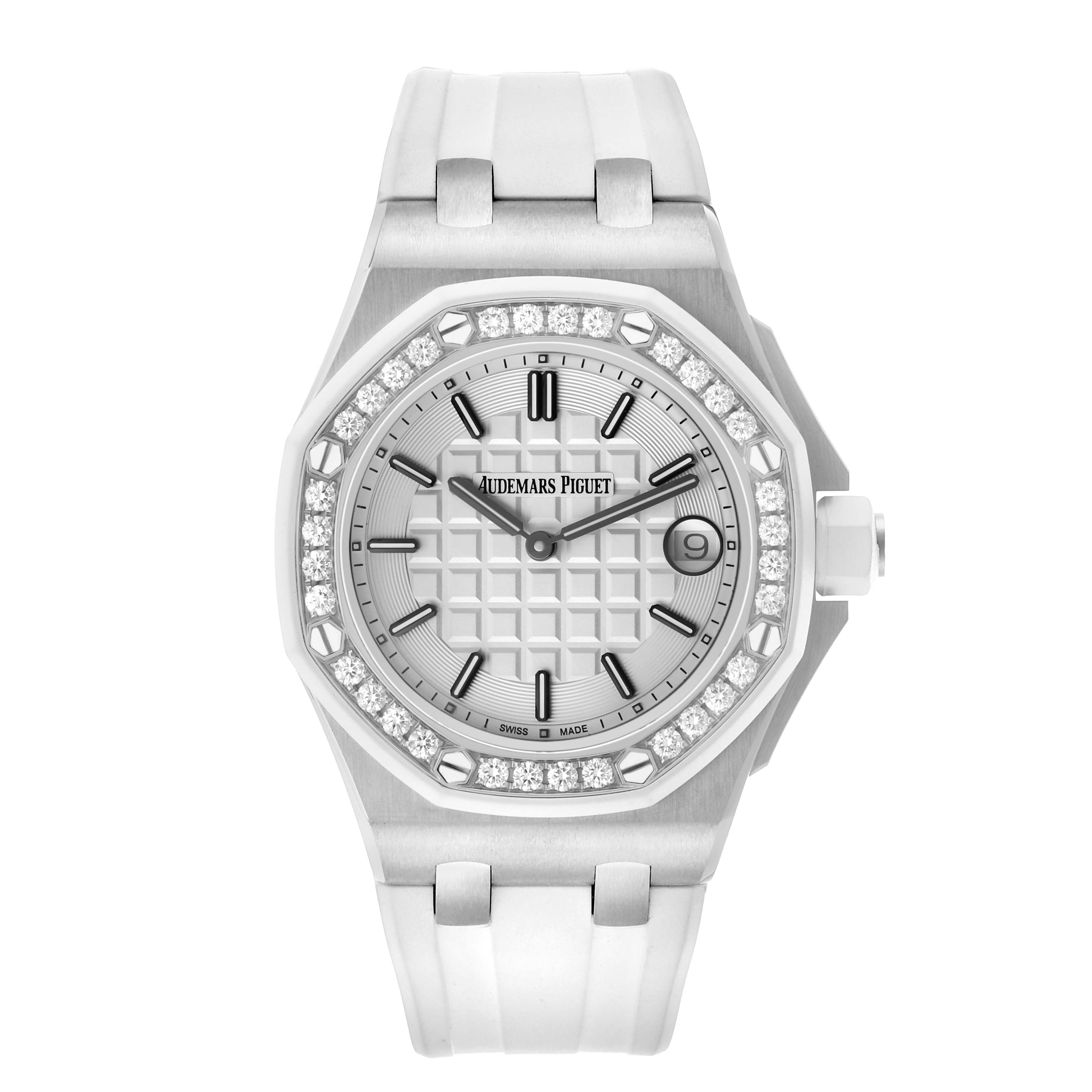 The Audemars Piguet Royal Oak Offshore 67540SK.ZZ.A010CA.01 Women's Stainless Steel Silver Dial watch is shown from a front angle, highlighting its bezel, dial, and strap.