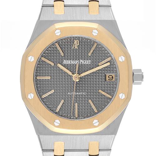 The image shows a frontal view of the Audemars Piguet Royal Oak watch, highlighting its octagonal bezel and detailed dial.