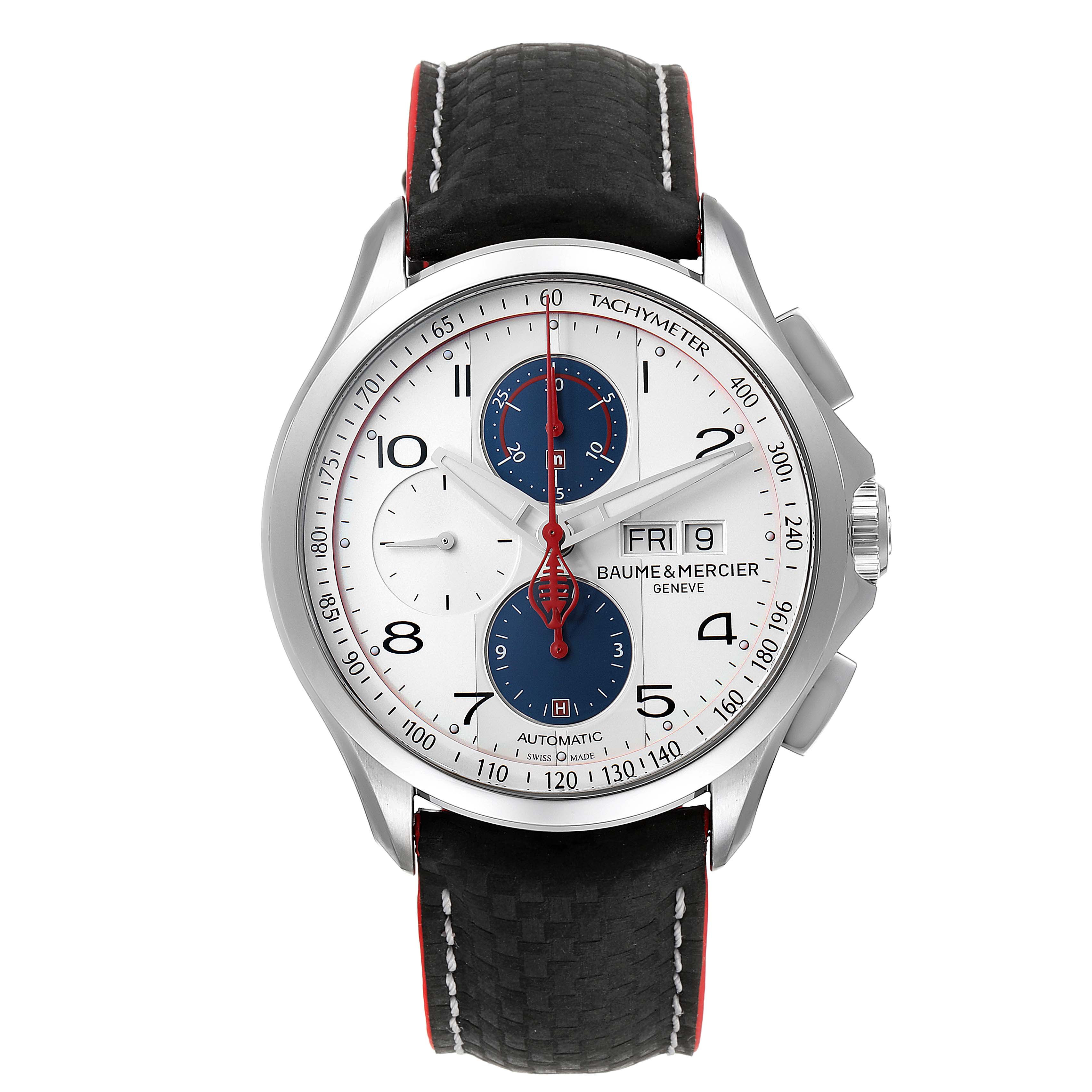 The image shows a frontal view of the Baume & Mercier Clifton M0A10342 Men's Stainless Steel Silver Dial M0A10342 Men's Stainless Steel Silver Dial watch, highlighting its dial, hands, and strap.