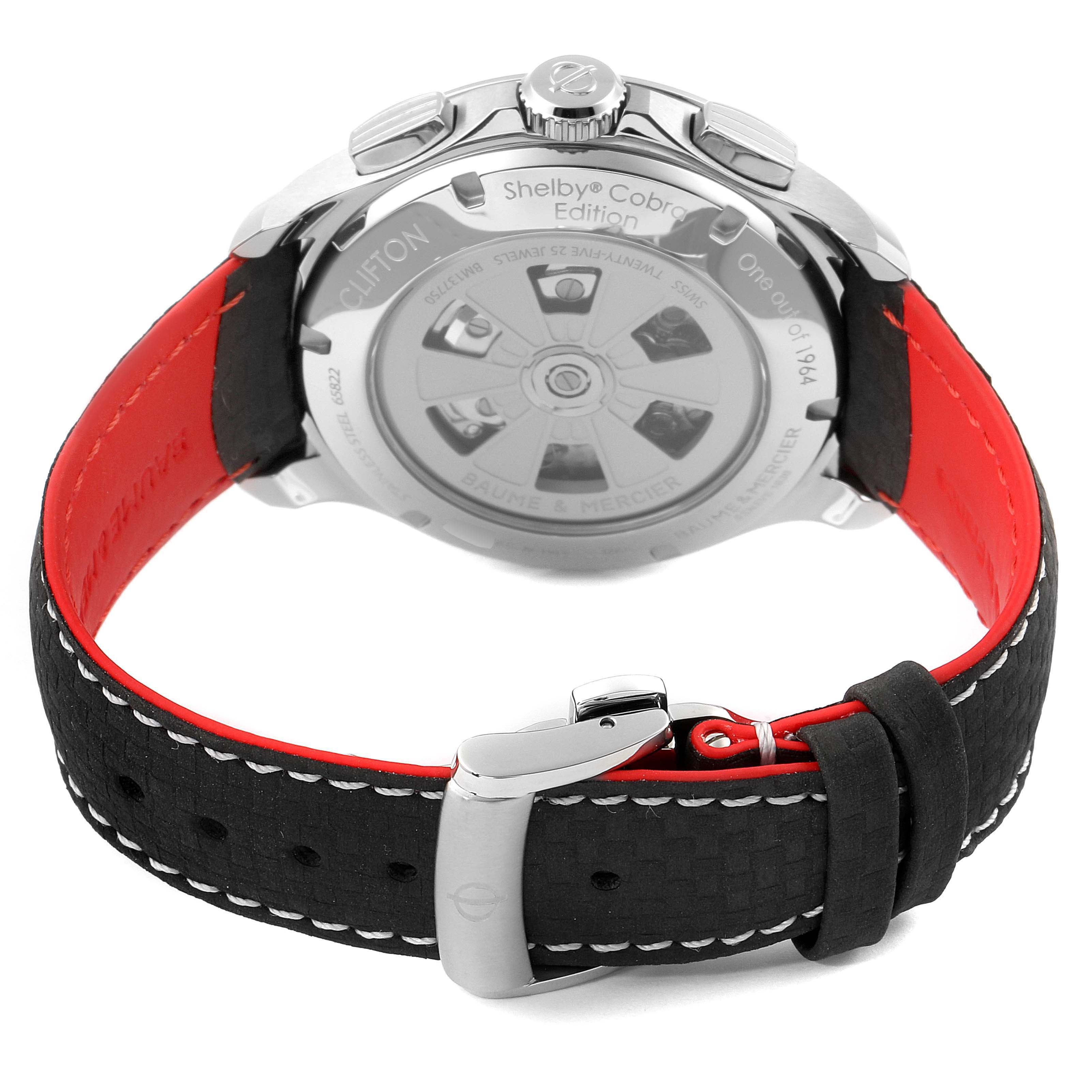 This image shows the back of the Baume & Mercier Clifton M0A10342 Men's Stainless Steel Silver Dial M0A10342 Men's Stainless Steel Silver Dial watch, highlighting the case back, crown, and leather strap with a buckle.