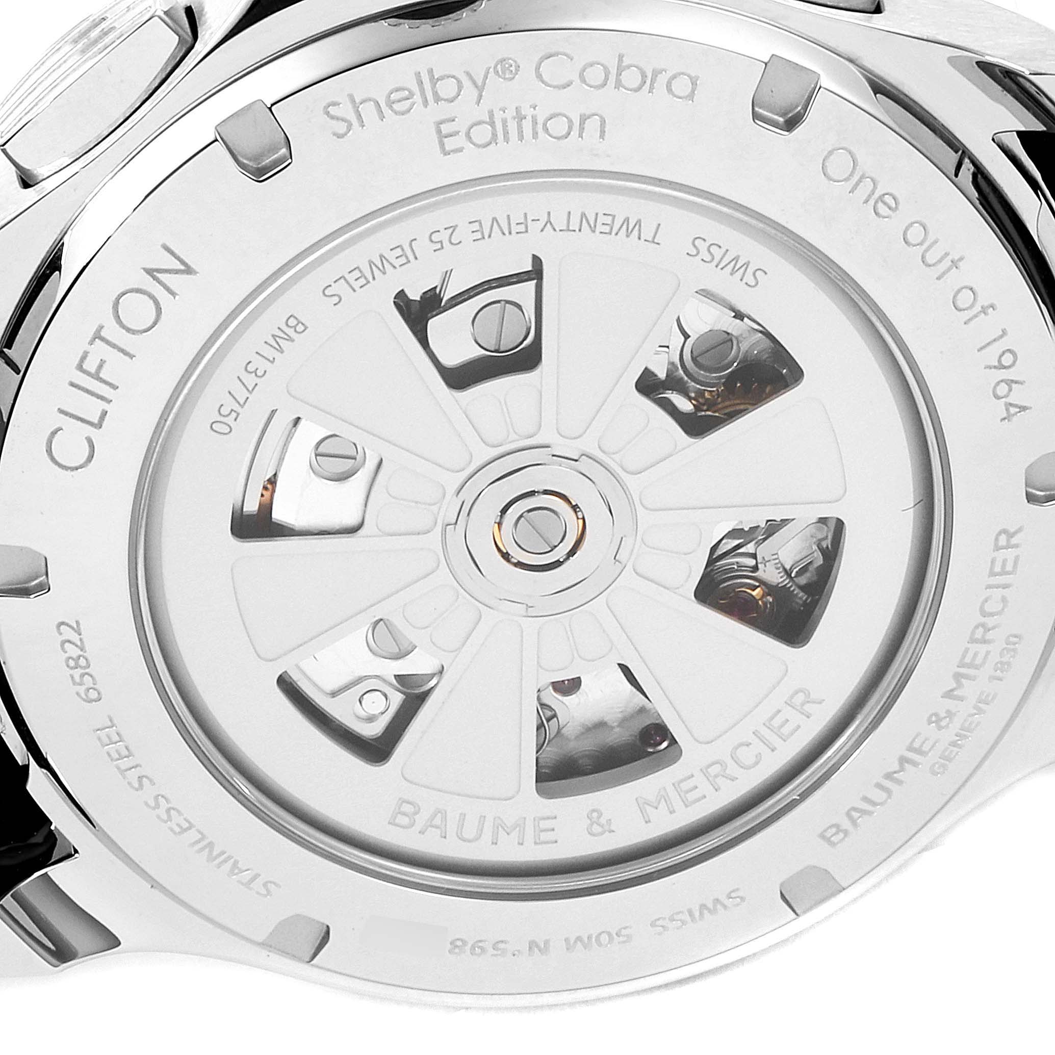 The image shows the back case of a Baume & Mercier Clifton M0A10342 Men's Stainless Steel Silver Dial M0A10342 Men's Stainless Steel Silver Dial Shelby® Cobra Edition watch.