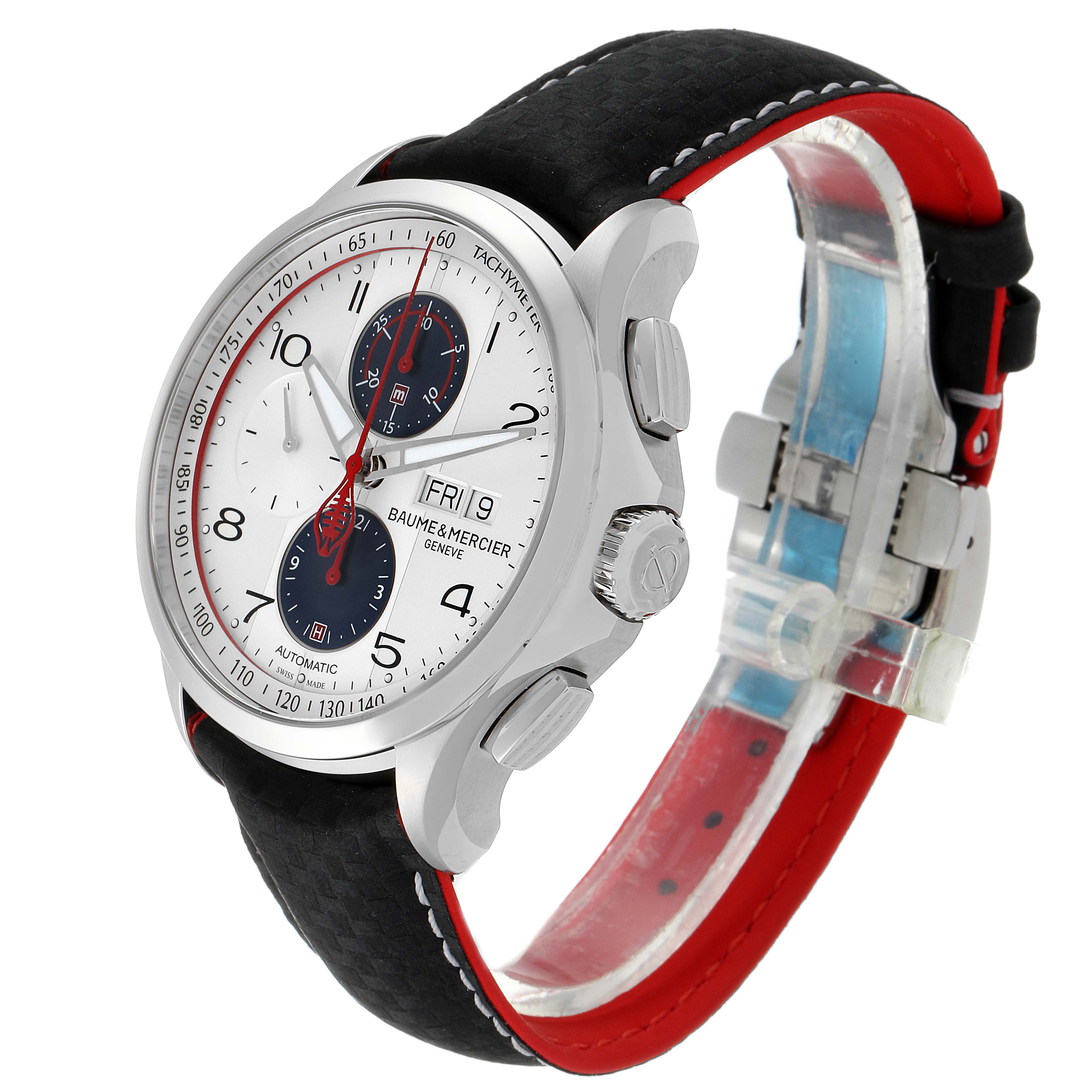 The Baume & Mercier Clifton M0A10342 Men's Stainless Steel Silver Dial M0A10342 Men's Stainless Steel Silver Dial watch is shown at an angled side view, highlighting the face, side buttons, and leather band.