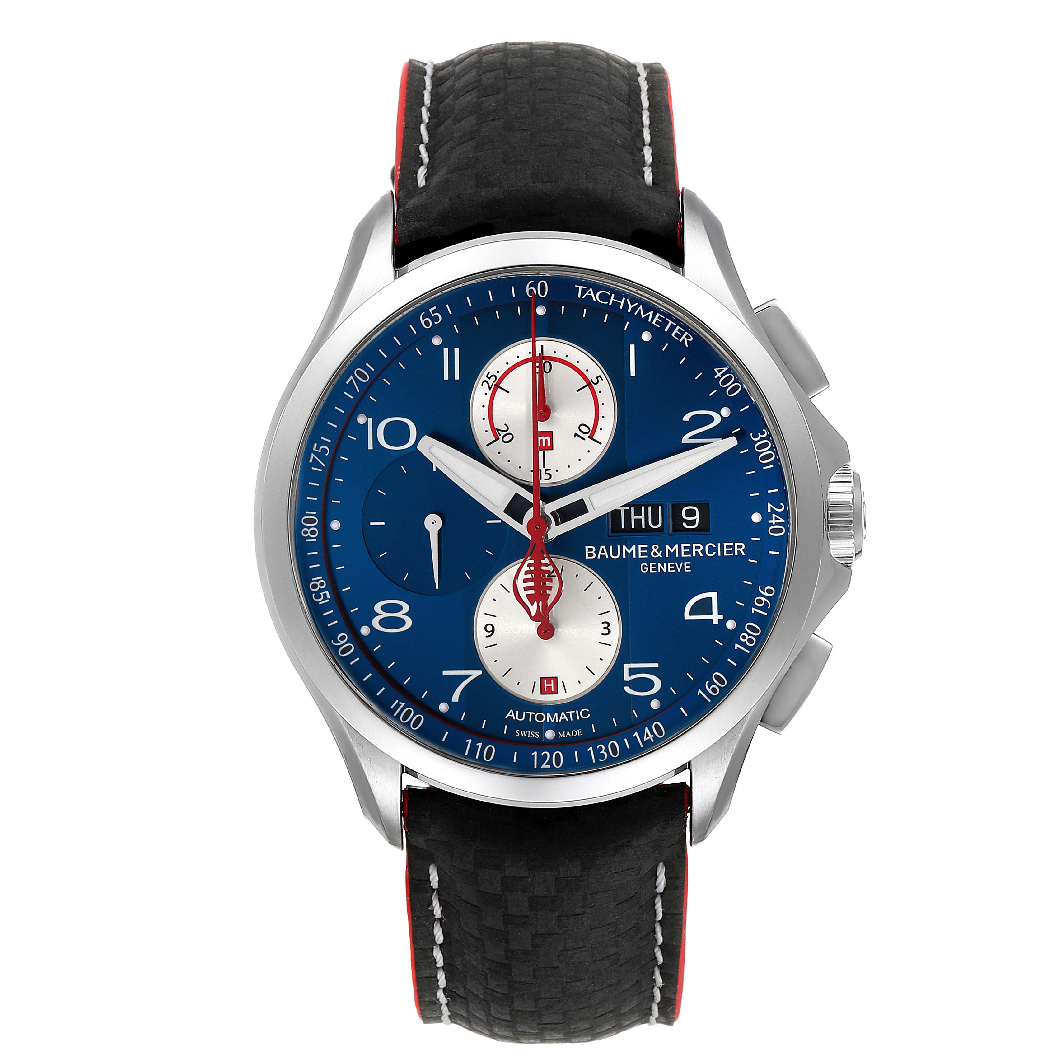 The image shows a front view of a Baume & Mercier Clifton M0A10343 Men's Stainless Steel Blue Dial M0A10343 Men's Stainless Steel Blue Dial watch, focusing on the face, dial, and strap.