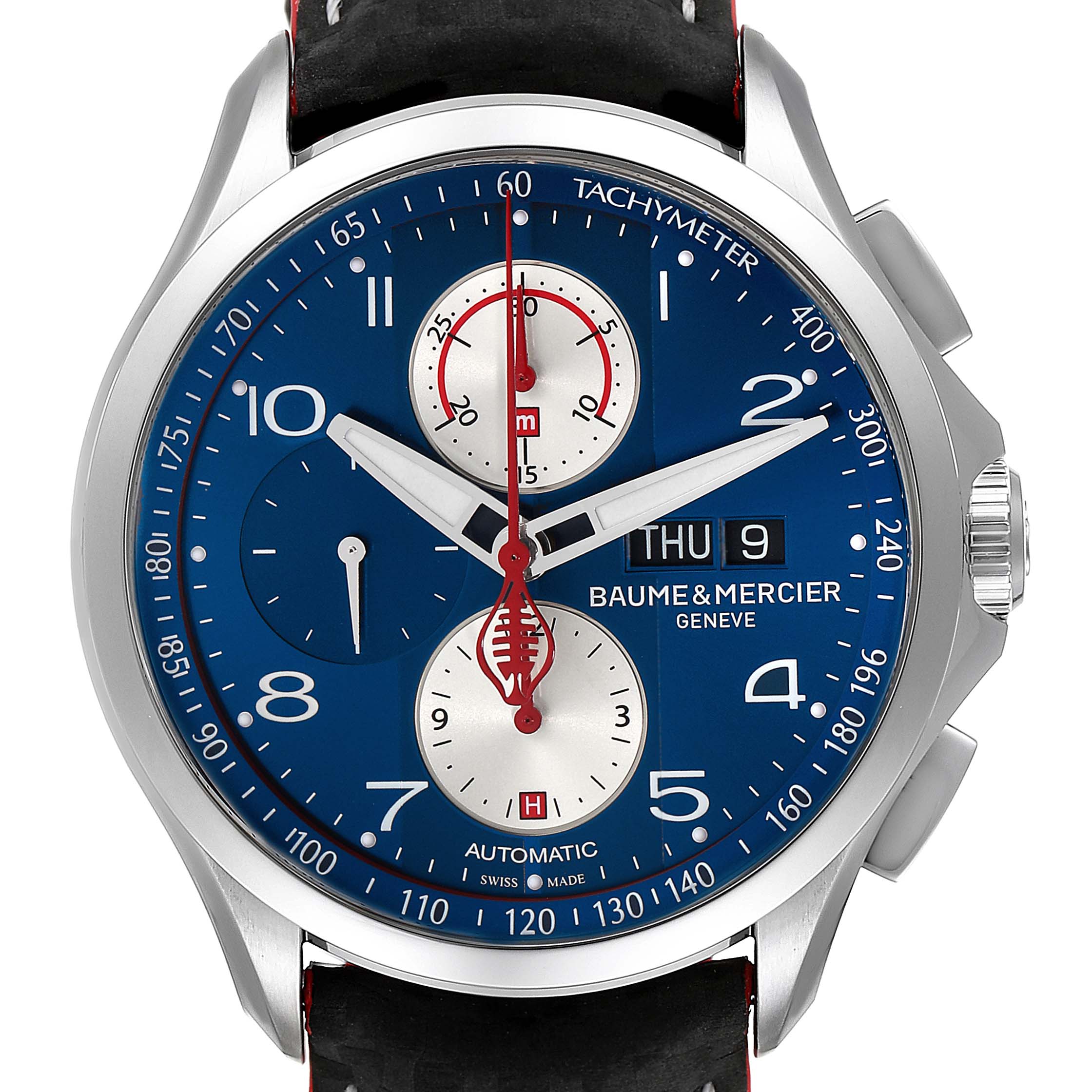 This is a front view of the Baume & Mercier Clifton M0A10343 Men's Stainless Steel Blue Dial M0A10343 Men's Stainless Steel Blue Dial model watch, showing the dial, subdials, date, and tachymeter.