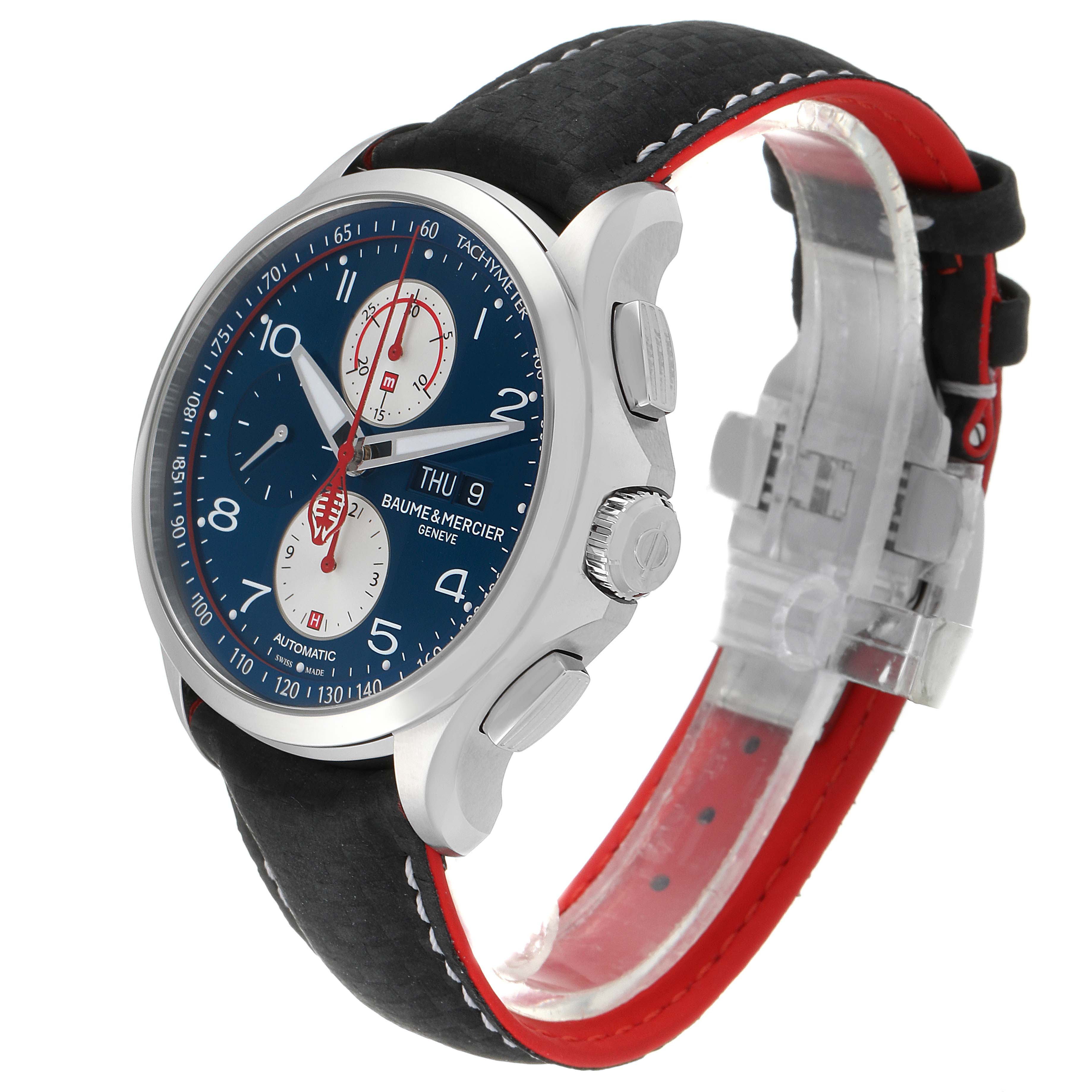 The Baume & Mercier Clifton M0A10343 Men's Stainless Steel Blue Dial M0A10343 Men's Stainless Steel Blue Dial watch is shown at an angled side view, highlighting the dial, pushers, and strap.