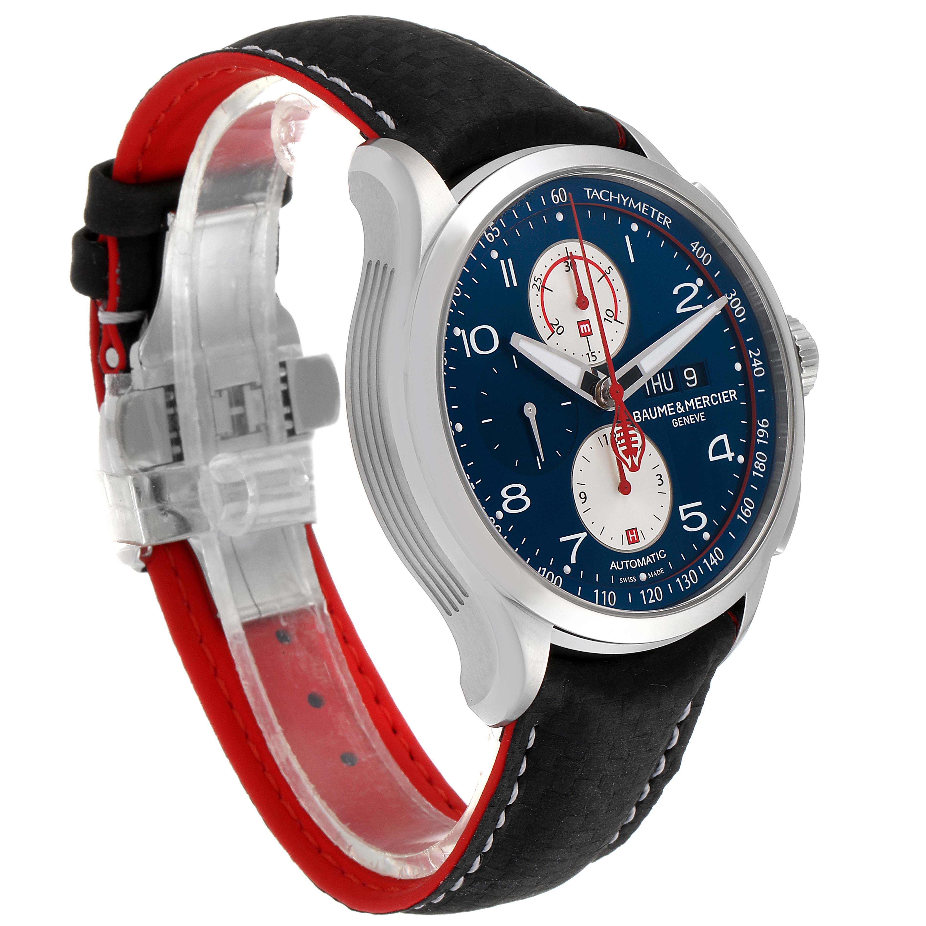 This image shows a Baume & Mercier Clifton M0A10343 Men's Stainless Steel Blue Dial M0A10343 Men's Stainless Steel Blue Dial model watch at an oblique angle, highlighting the face and side profile with a visible strap.