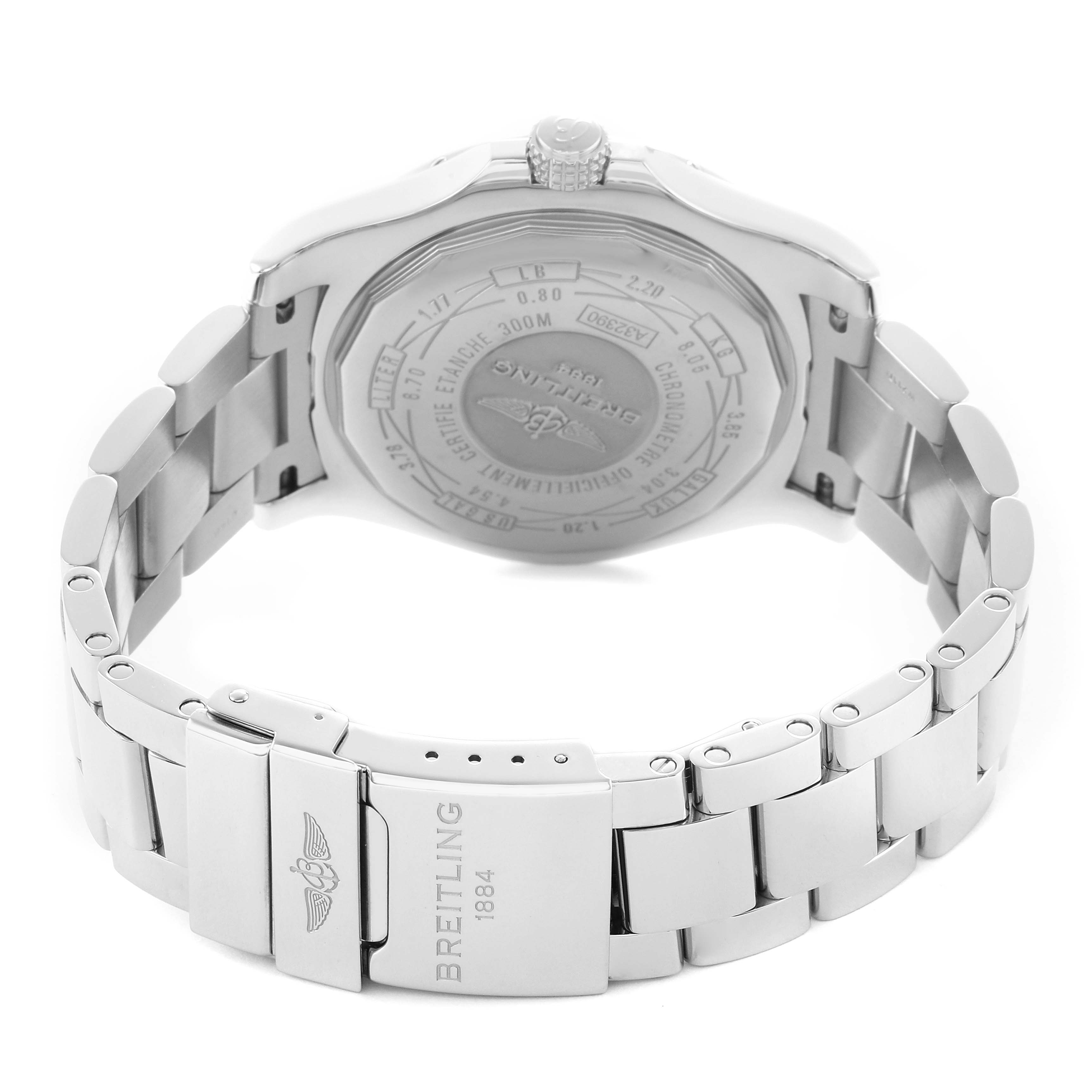 The Breitling Avenger A3239011/A809 Men's Stainless Steel Mother of Pearl Dial watch is shown from the back, highlighting the case back, crown, and metal bracelet with the clasp open.