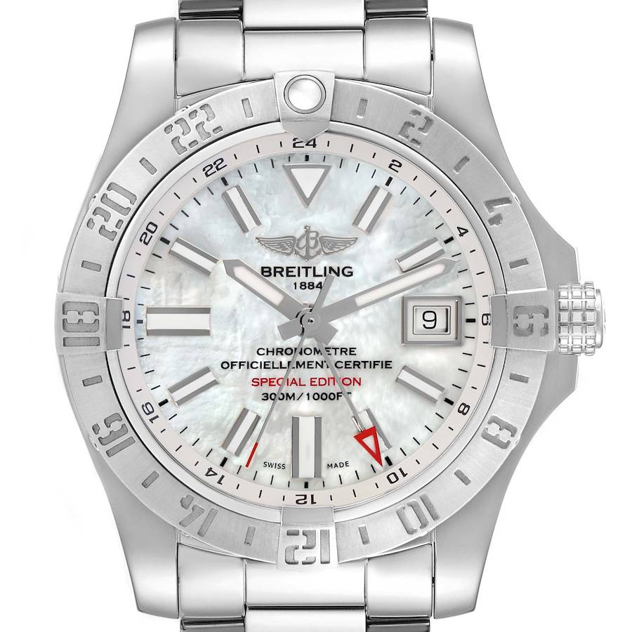 The image shows a Breitling Avenger A3239011/A809 Men's Stainless Steel Mother of Pearl Dial watch from a top-down angle, highlighting the dial, bezel, and metal bracelet.