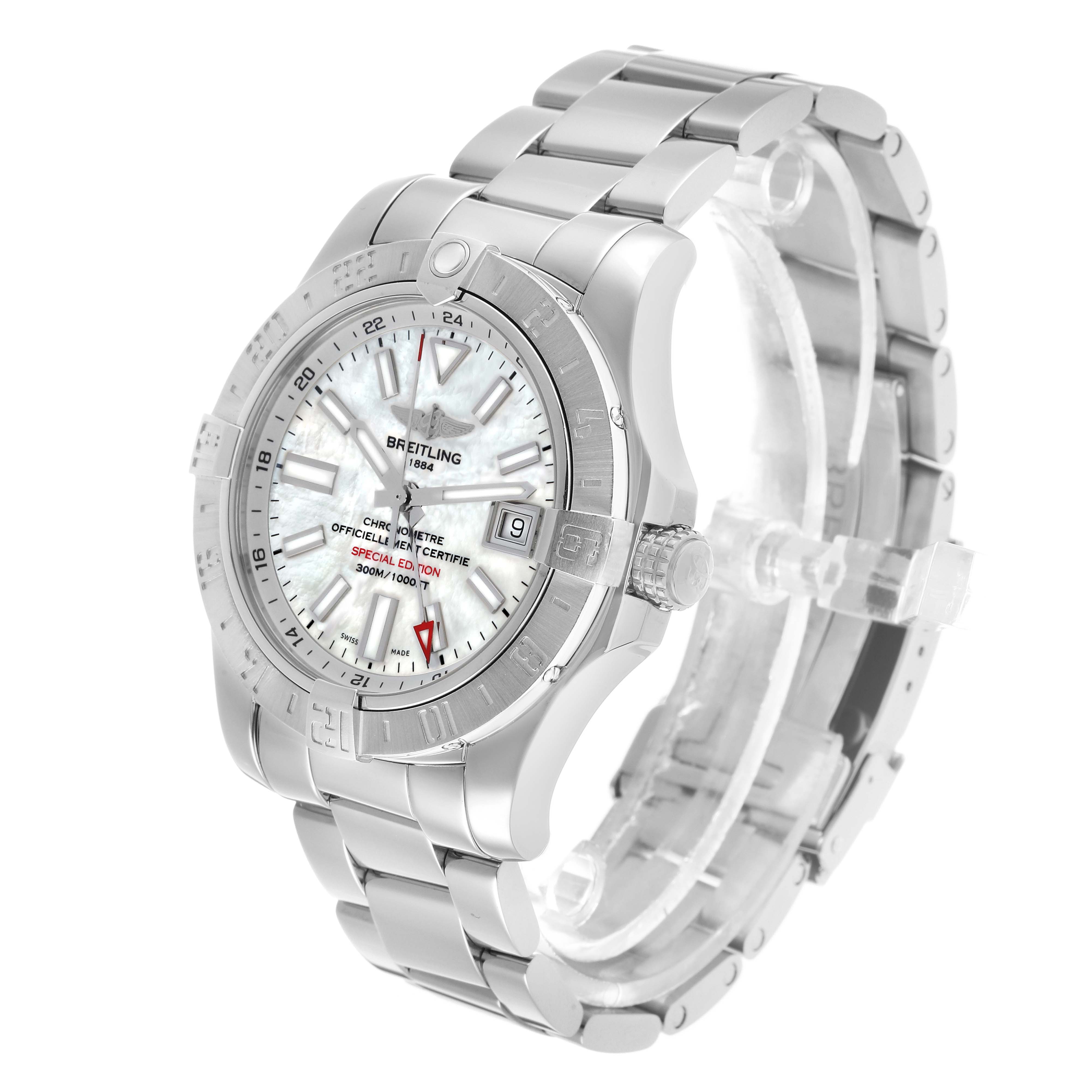 The Breitling Avenger A3239011/A809 Men's Stainless Steel Mother of Pearl Dial watch is shown at an angled view highlighting its face, bezel, crown, and metal bracelet.