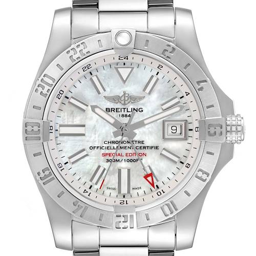 Photo of Breitling Aeromarine Avenger II GMT MOP Mens Watch A32390 Box Card