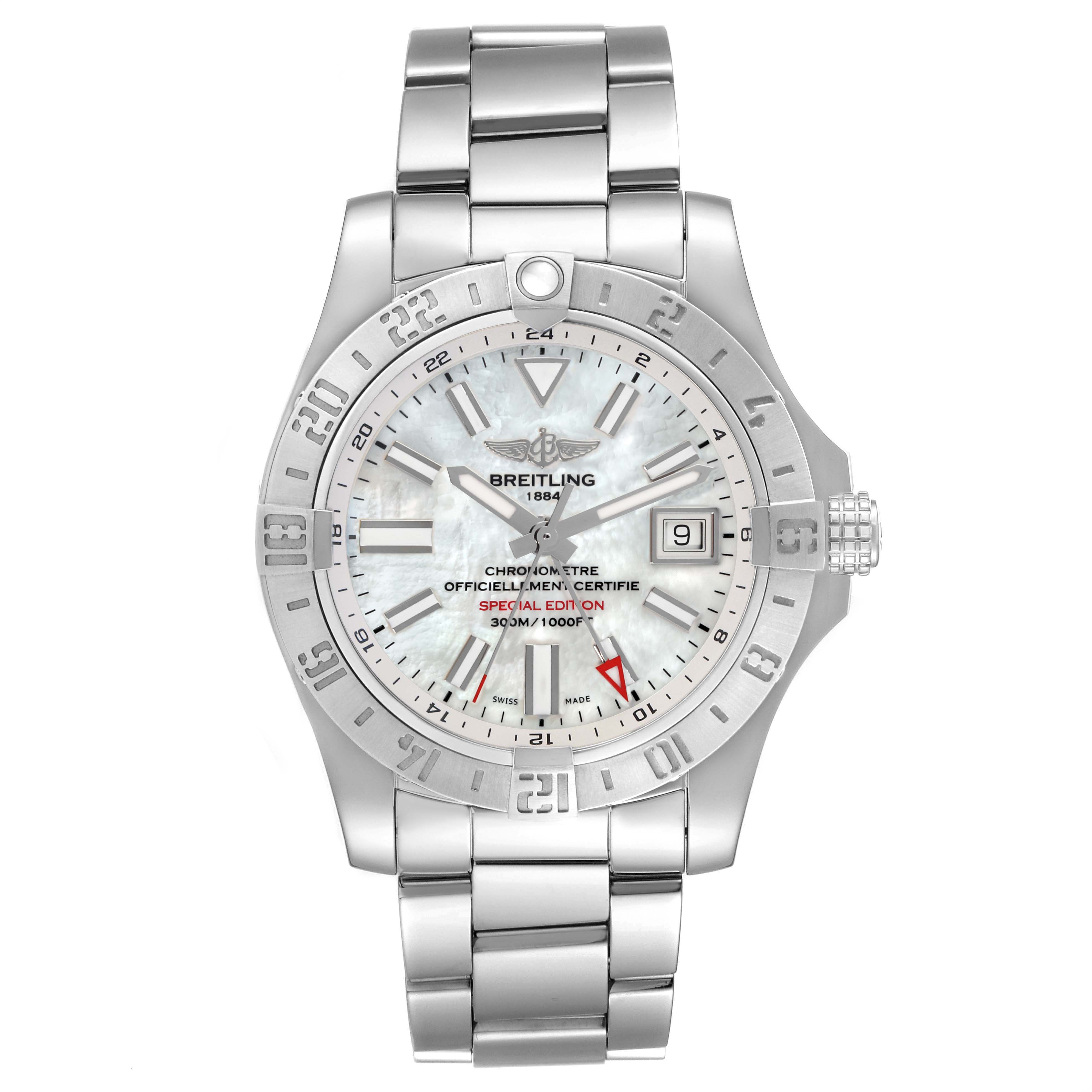 The Breitling Avenger A3239011/A809 Men's Stainless Steel Mother of Pearl Dial watch is shown from a top-down angle, displaying its face, bezel, indices, hands, and metal bracelet.