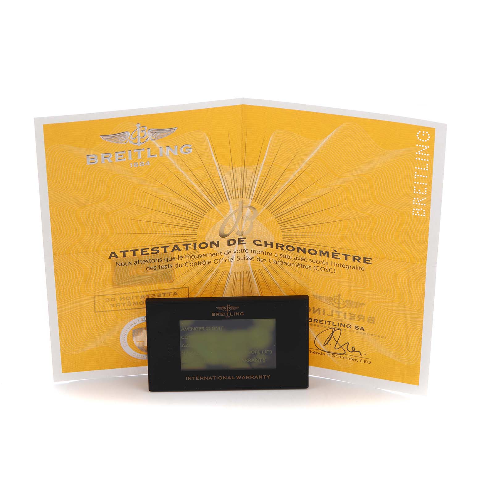 The image shows the Breitling Avenger A3239011/A809 Men's Stainless Steel Mother of Pearl Dial model's verification certificate and international warranty card.