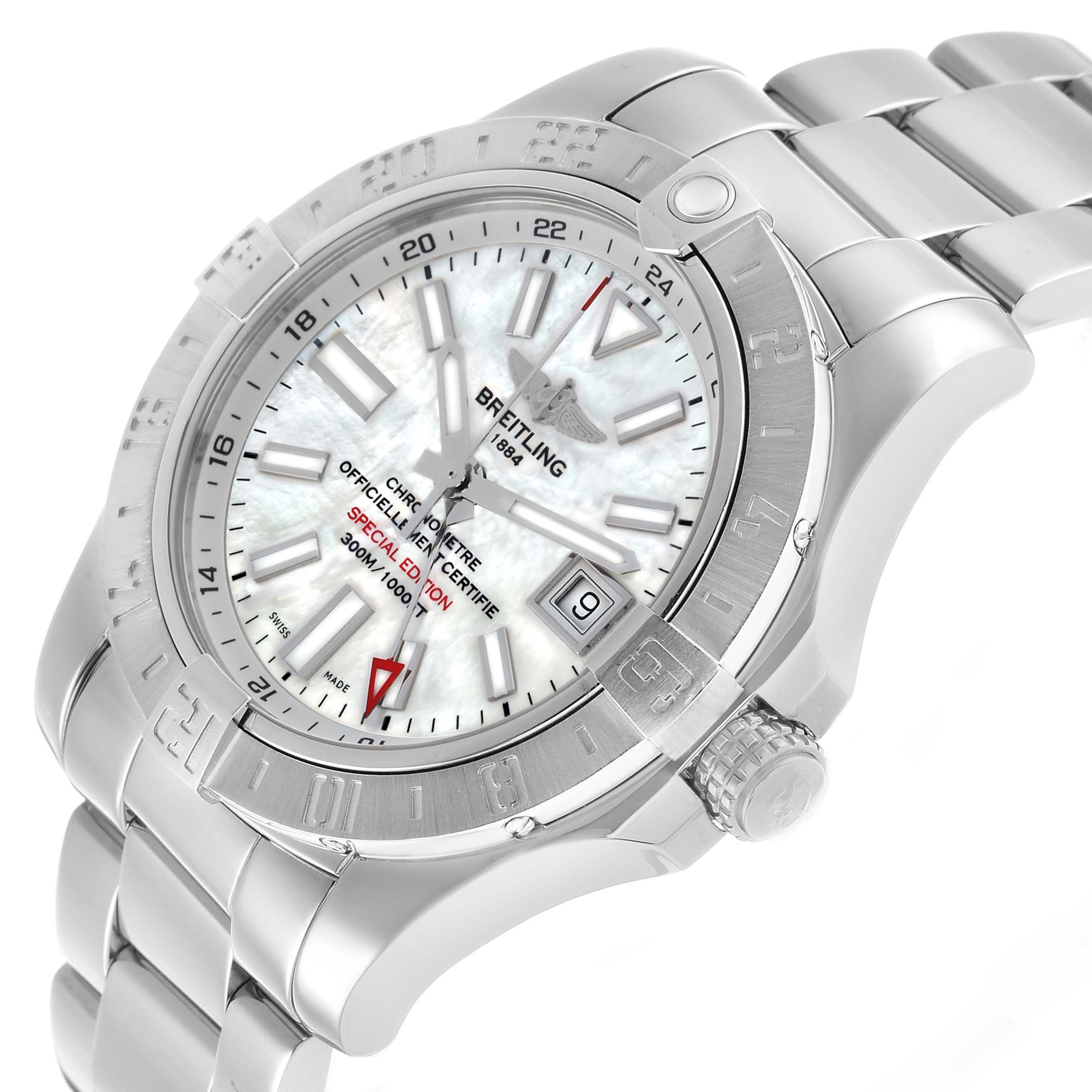 The Breitling Avenger A3239011/A809 Men's Stainless Steel Mother of Pearl Dial watch is shown at an oblique angle, displaying the face, bezel, crown, and part of the metal bracelet.