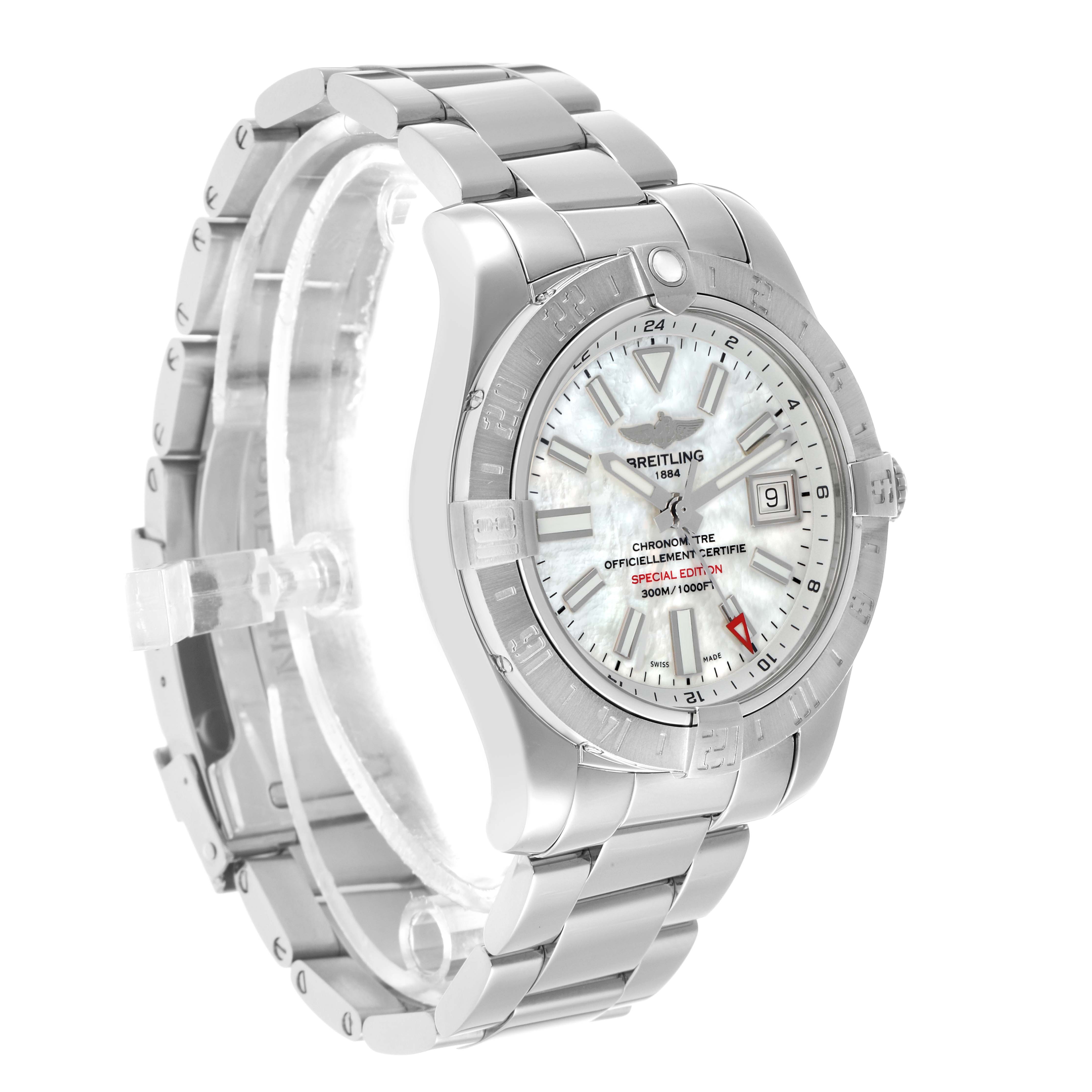 The Breitling Avenger A3239011/A809 Men's Stainless Steel Mother of Pearl Dial watch is shown at a slight angle, highlighting the face, bezel, and stainless steel bracelet.