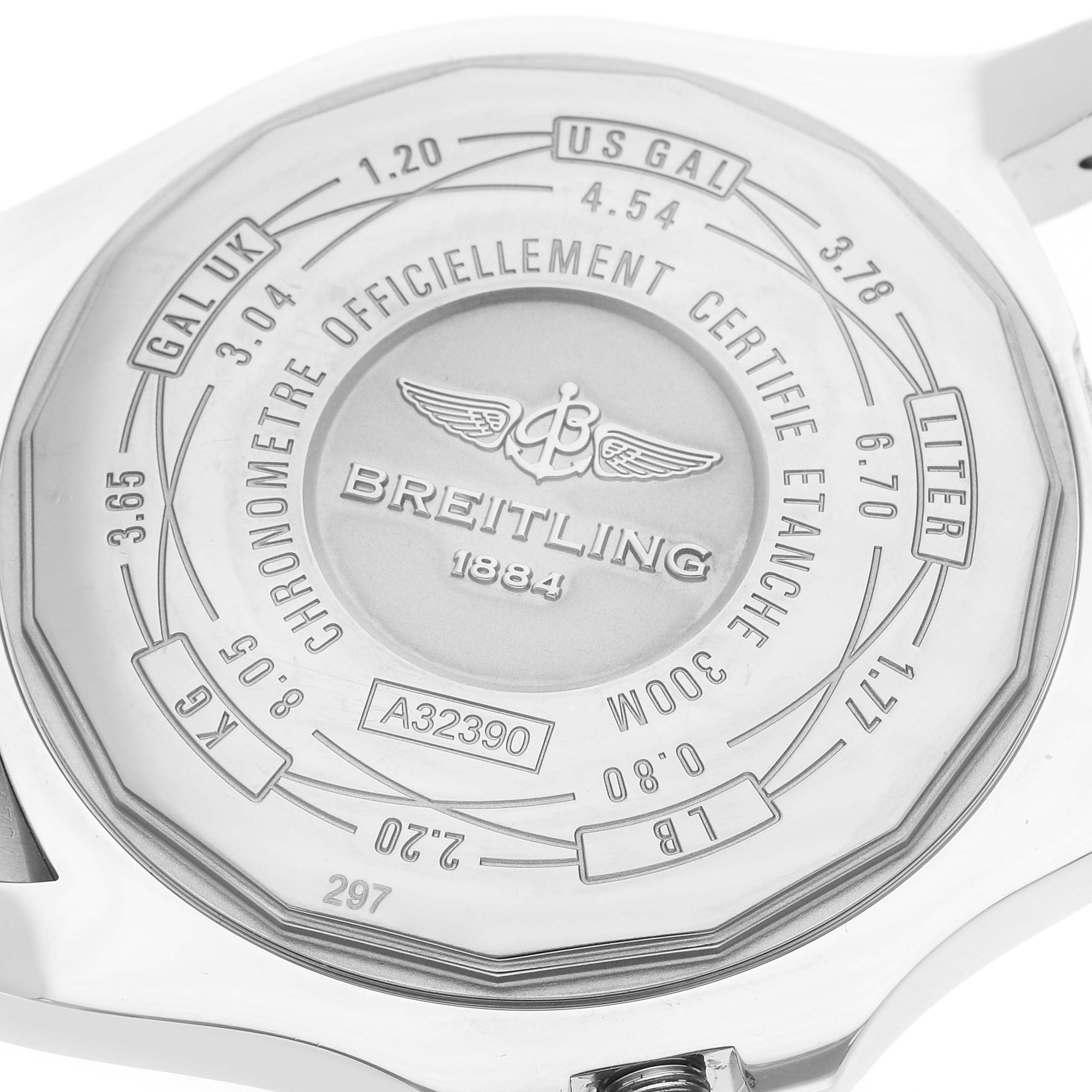 The image shows the case back of a Breitling Avenger A3239011/A809 Men's Stainless Steel Mother of Pearl Dial watch, displaying its engravings and markings.