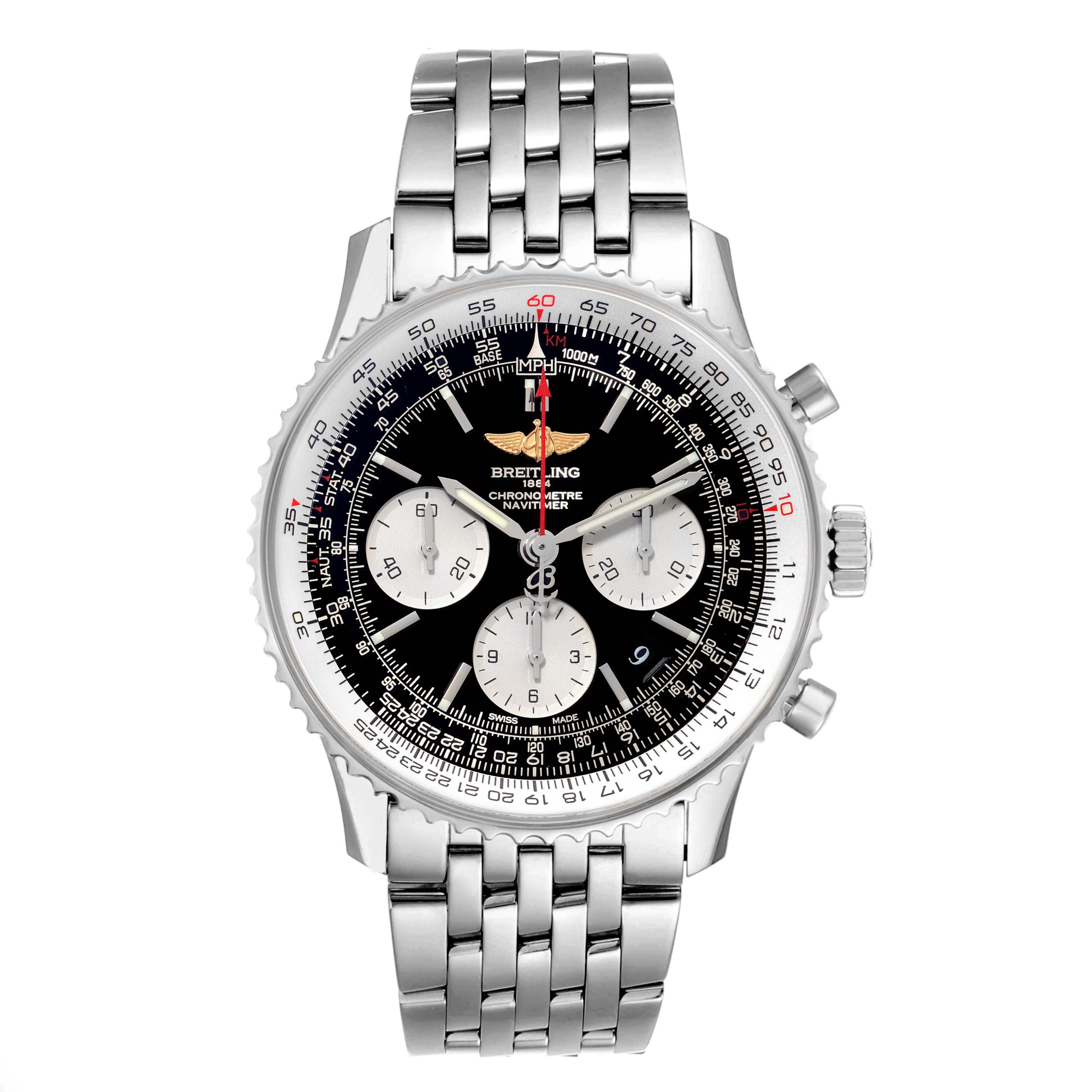 The image shows a front view of a Breitling Navitimer AB0120 Men's Stainless Steel Black Dial AB0120 Men's Stainless Steel Black Dial watch with a stainless steel bracelet and black dial displaying multiple dials.