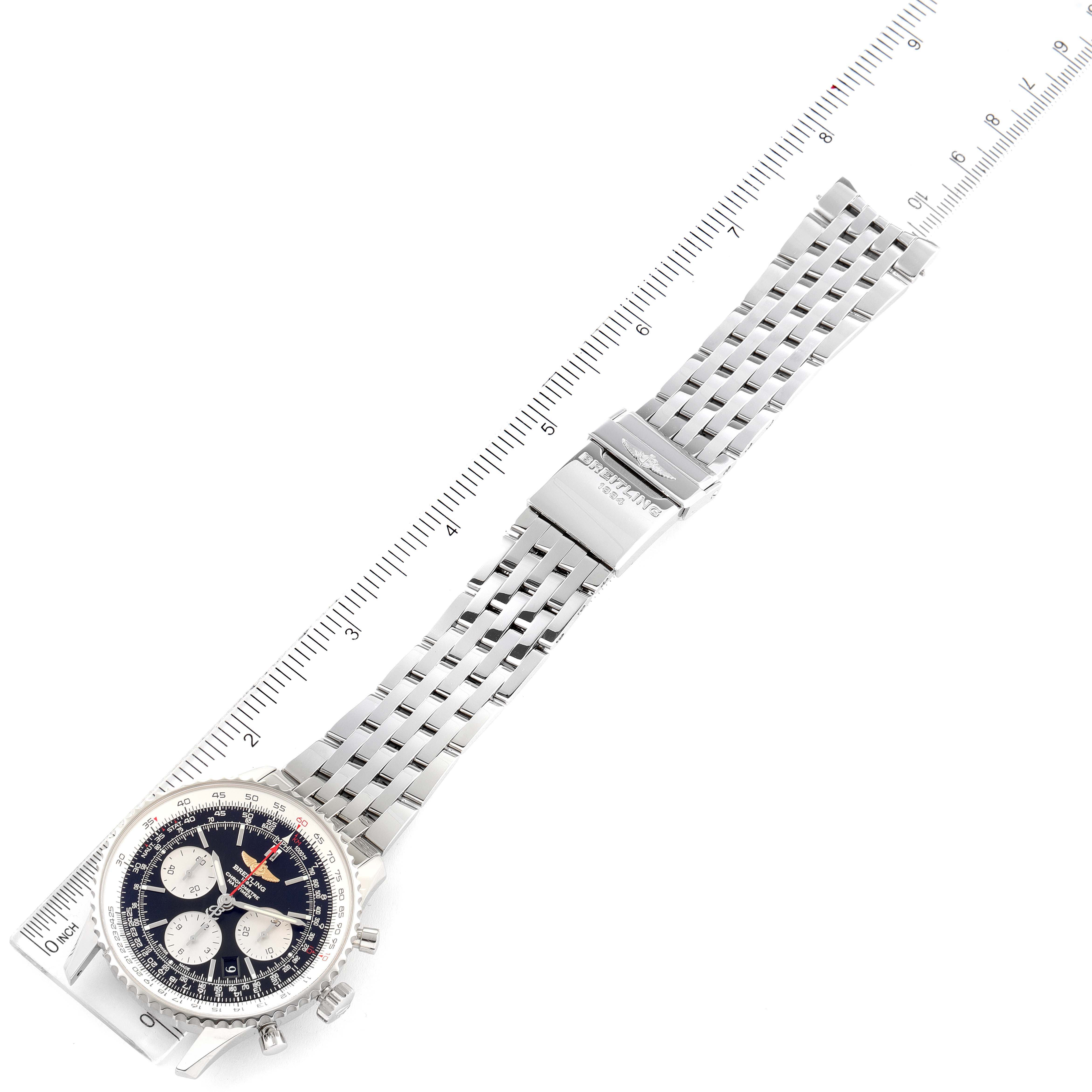 The image shows a Breitling Navitimer AB0120 Men's Stainless Steel Black Dial AB0120 Men's Stainless Steel Black Dial watch fully extended, with the dial and metal bracelet visible, positioned diagonally.