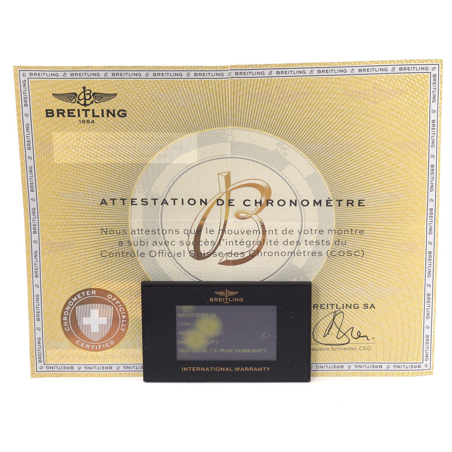 The image shows a Breitling Navitimer AB0120 Men's Stainless Steel Black Dial AB0120 Men's Stainless Steel Black Dial model warranty card and chronometer certification.