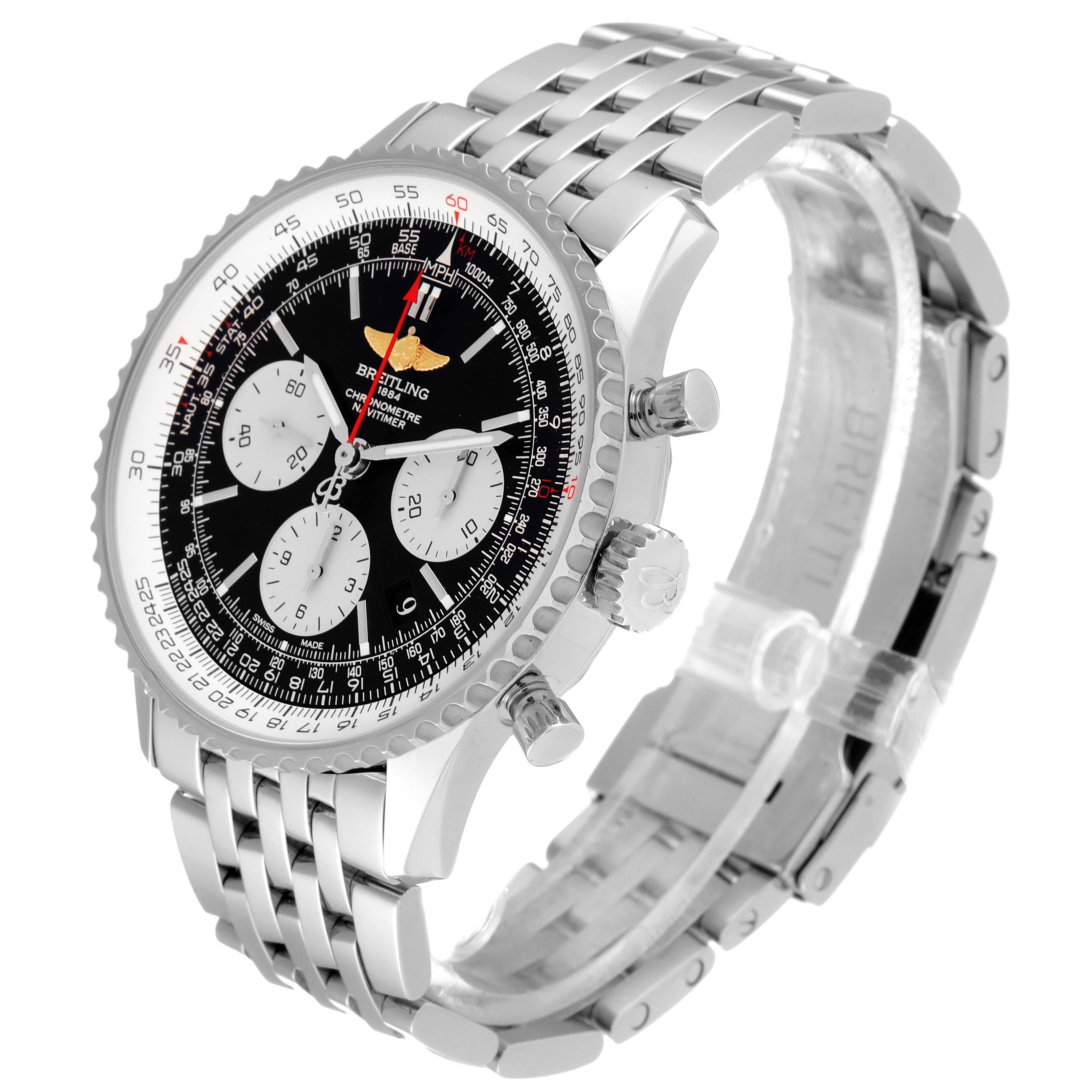 This image shows a Breitling Navitimer AB0120 Men's Stainless Steel Black Dial AB0120 Men's Stainless Steel Black Dial model at a three-quarter angle, displaying its dial, crown, pushers, and bracelet.