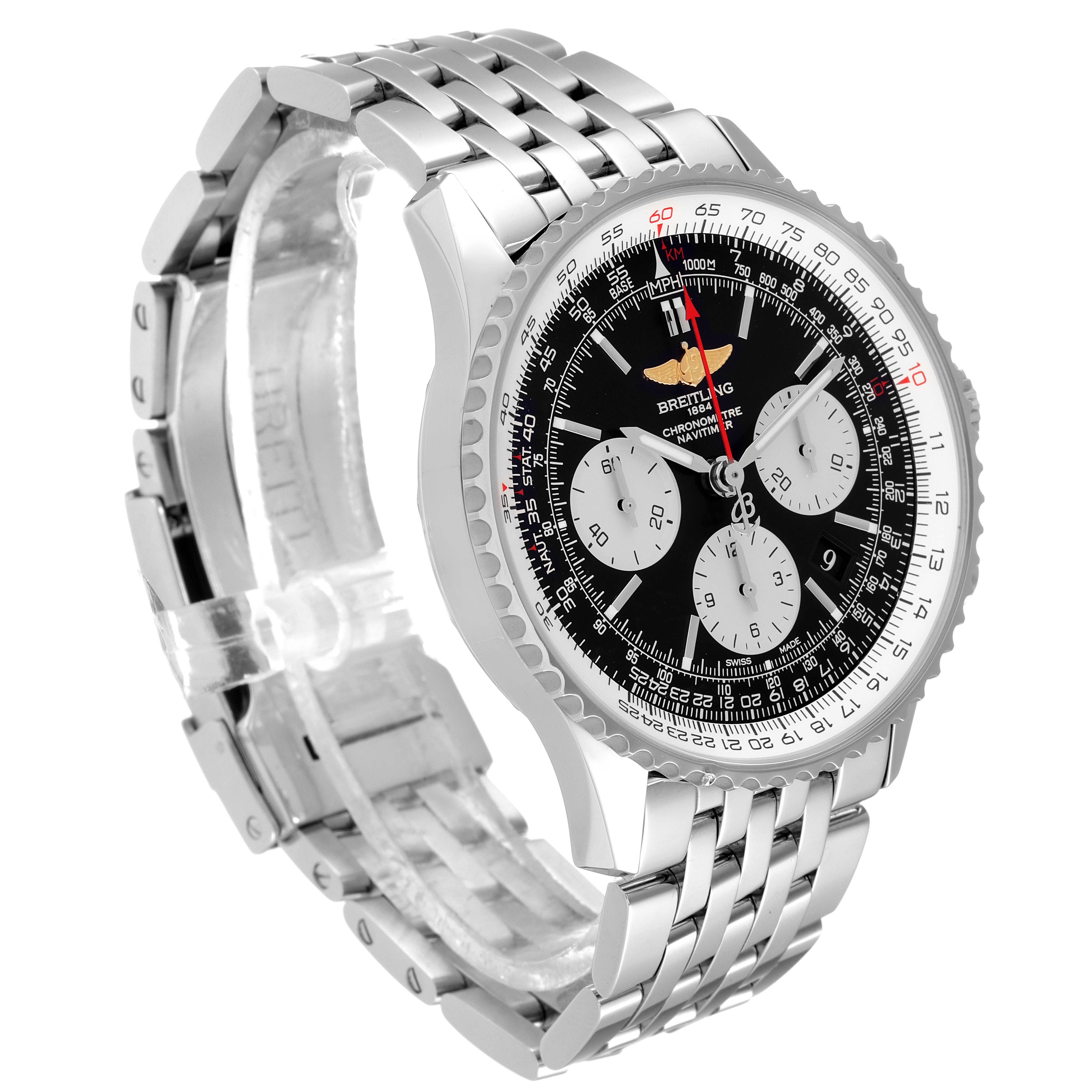 This image shows a side view of the Breitling Navitimer AB0120 Men's Stainless Steel Black Dial AB0120 Men's Stainless Steel Black Dial watch, highlighting its bezel, dial, and metal bracelet.