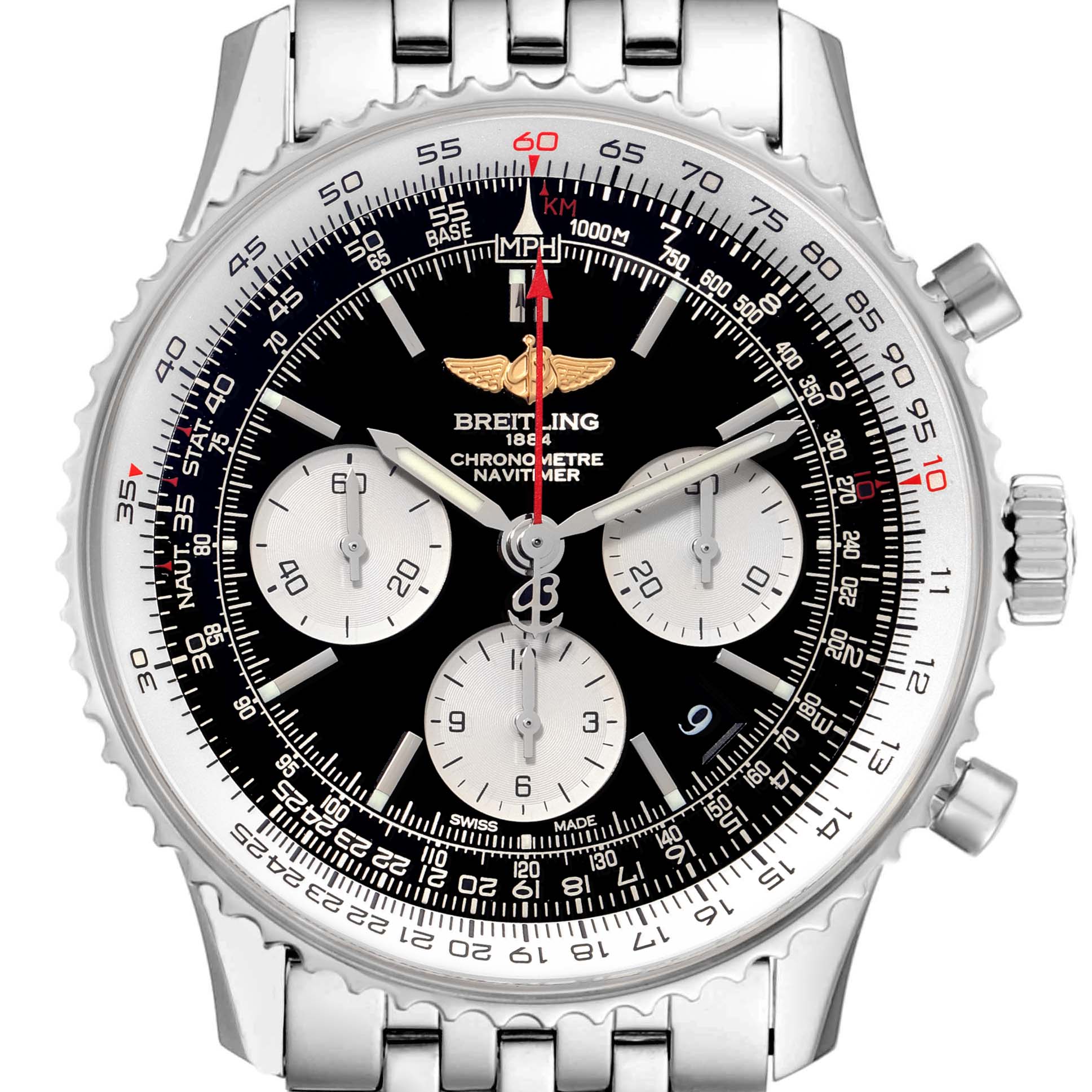 The image shows a front view of the Breitling Navitimer AB0120 Men's Stainless Steel Black Dial AB0120 Men's Stainless Steel Black Dial watch, displaying its dial, bezel, and part of the metal bracelet.