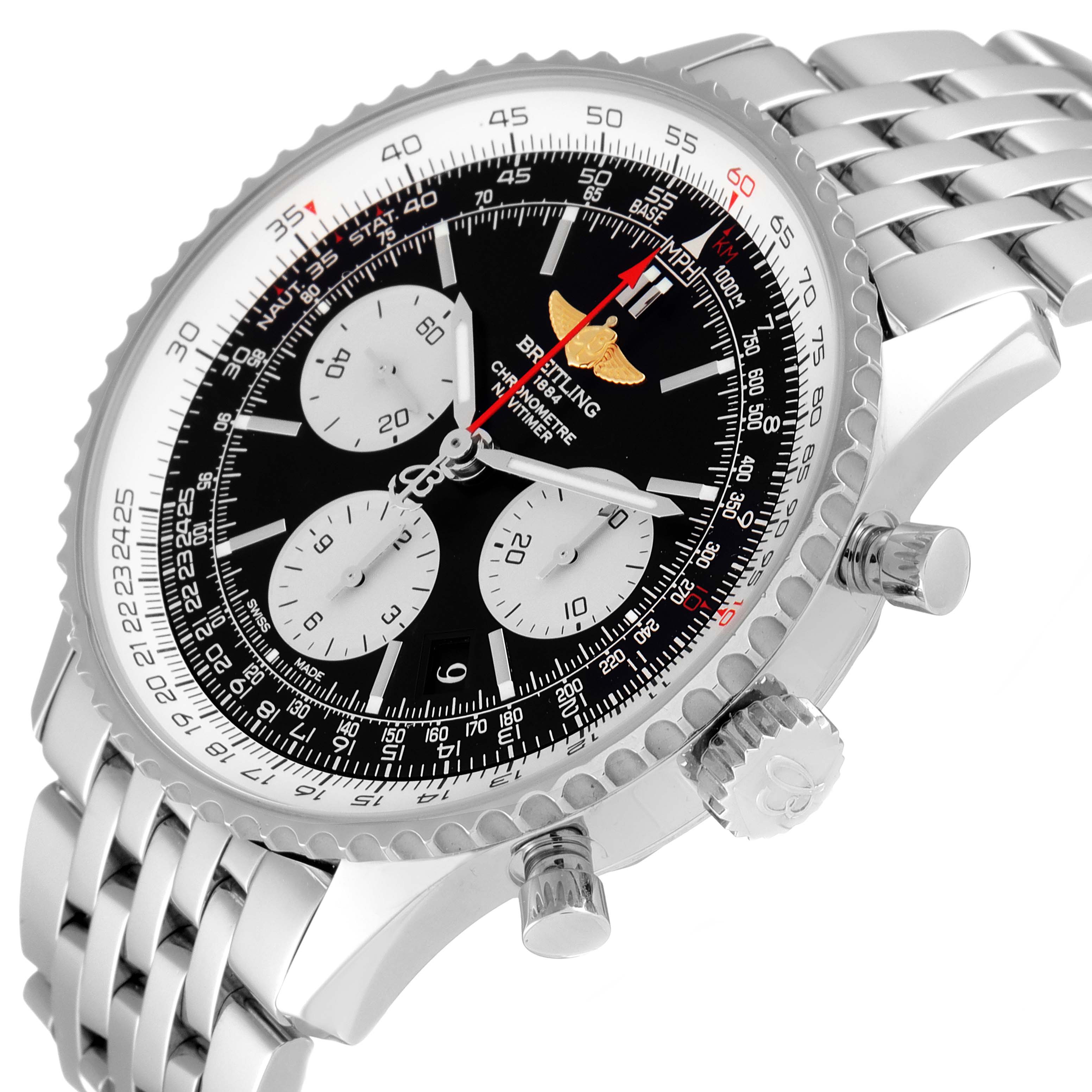 This image shows a Breitling Navitimer AB0120 Men's Stainless Steel Black Dial AB0120 Men's Stainless Steel Black Dial watch from an angled view, highlighting the face, bezel, and bracelet.