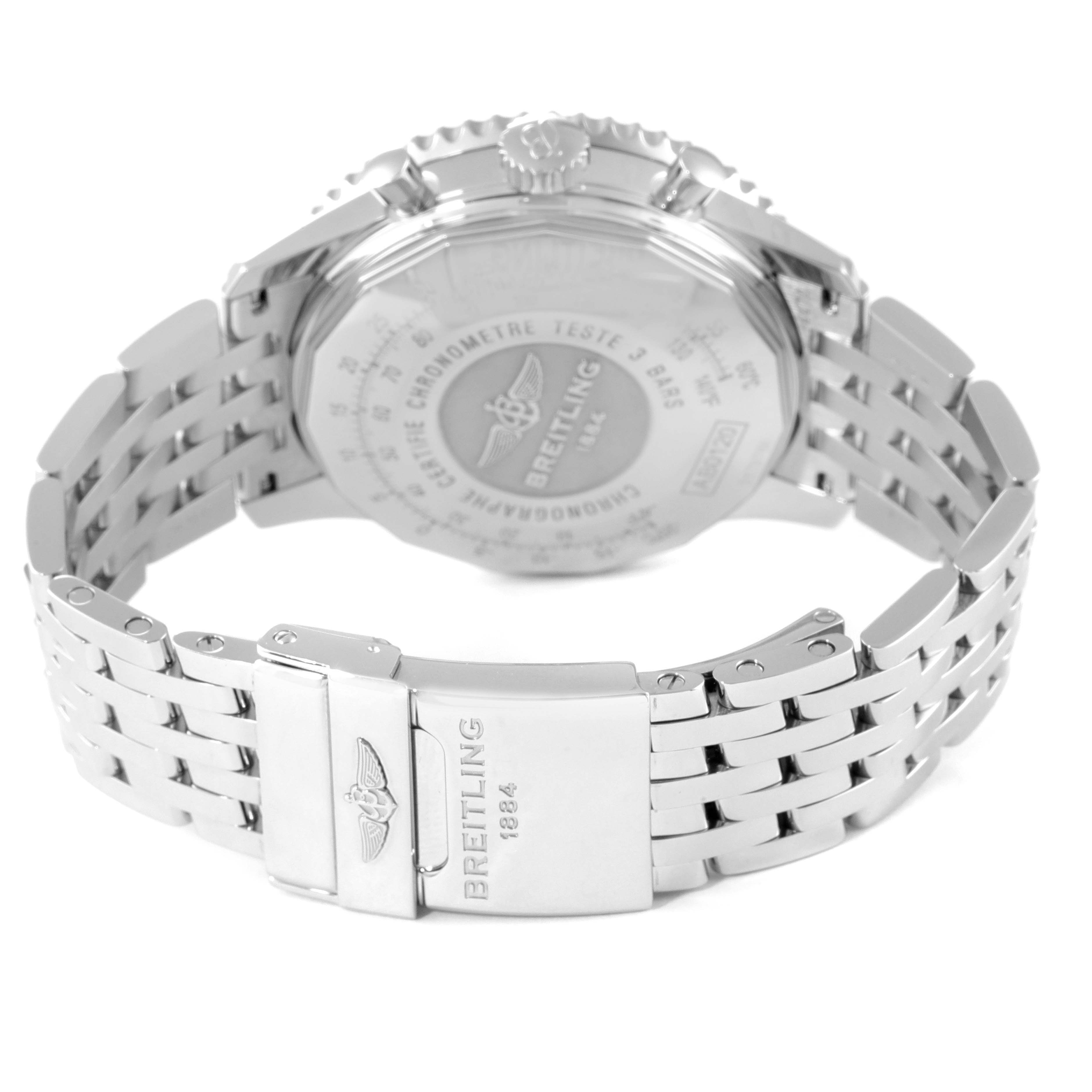 The image shows the back case and clasp of the Breitling Navitimer AB0120 Men's Stainless Steel Black Dial AB0120 Men's Stainless Steel Black Dial watch, with an angled view of its metal bracelet.