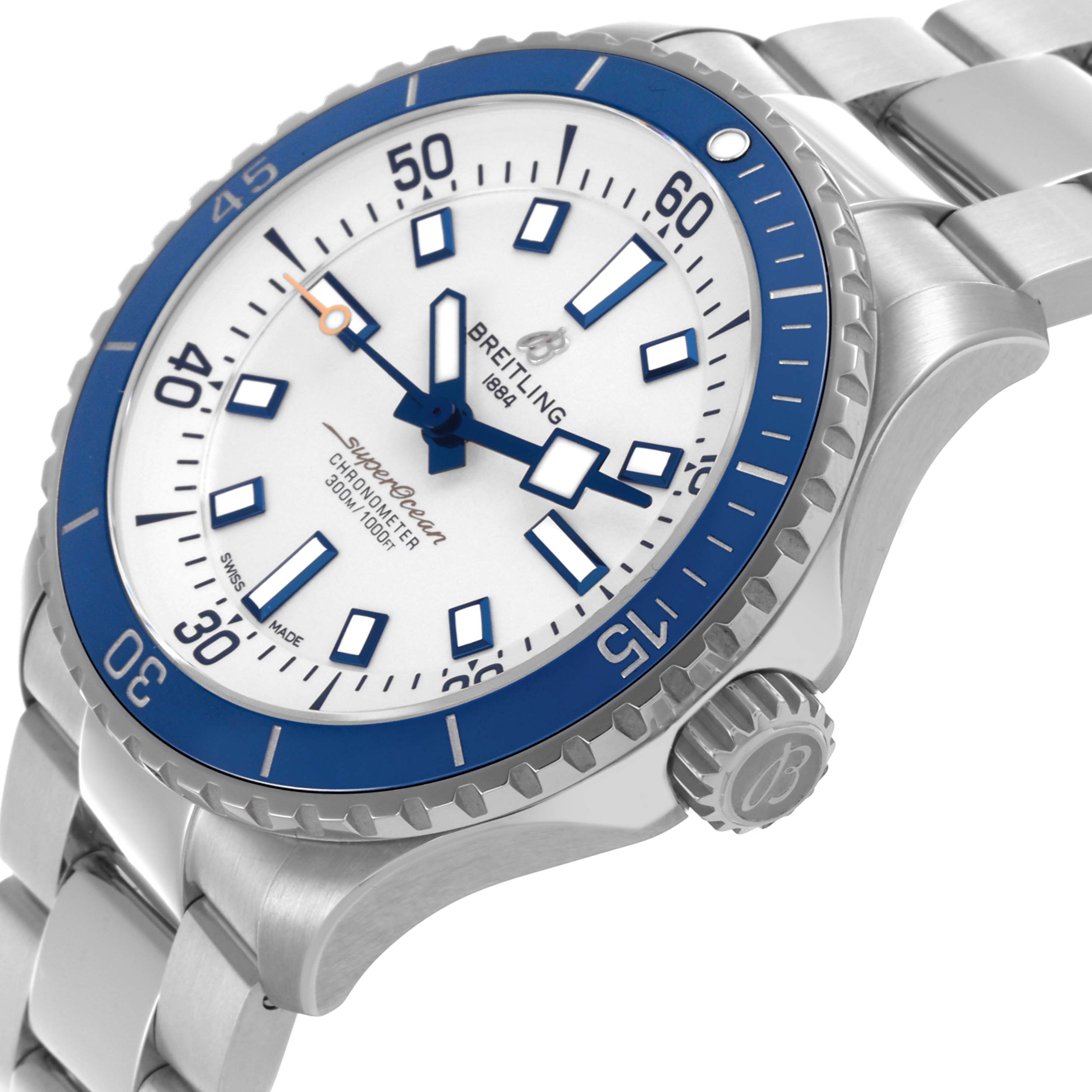 The image shows the Breitling Superocean A17375 Men's Stainless Steel White Dial A17375 Men's Stainless Steel White Dial watch at a three-quarter angle, highlighting its face, bezel, crown, and bracelet.