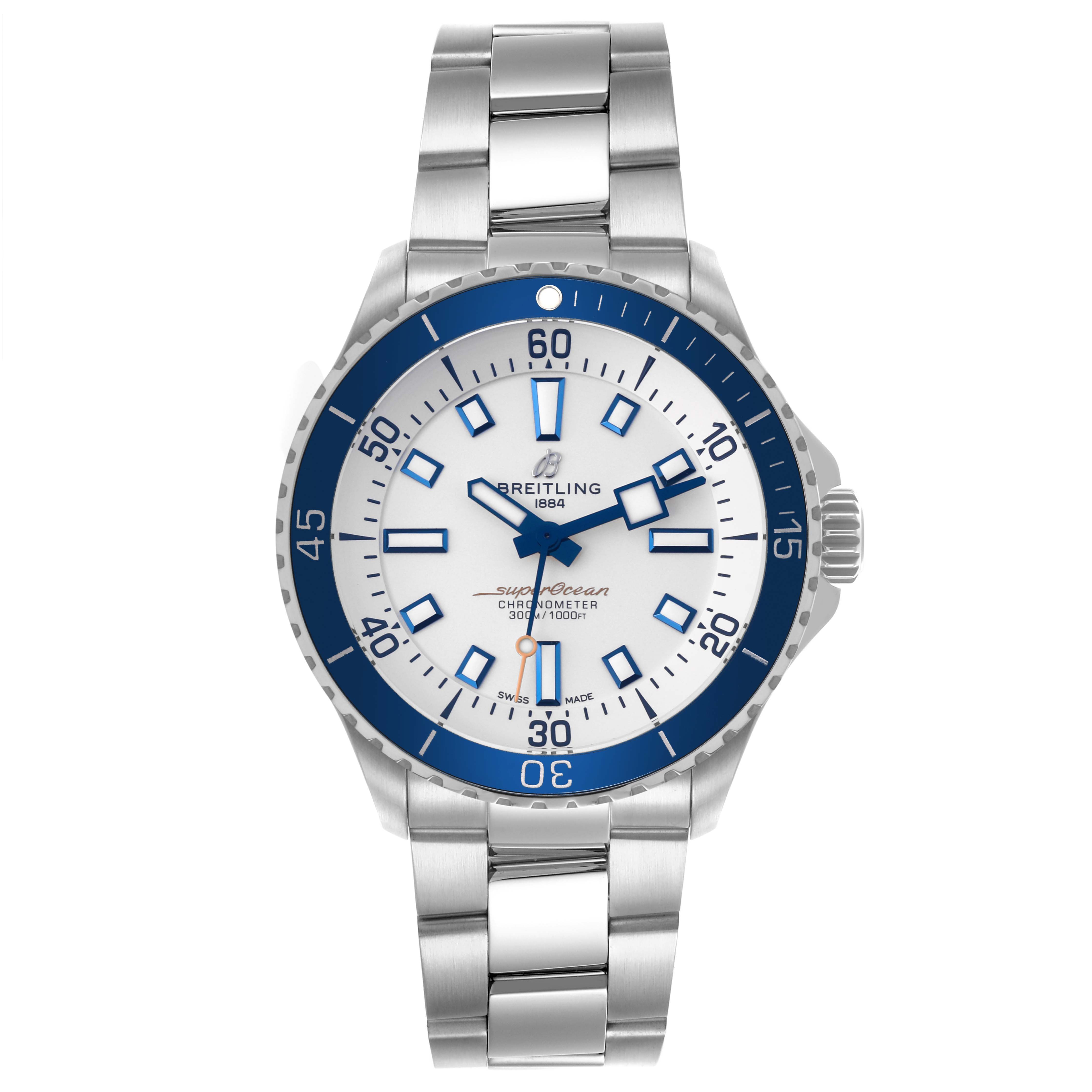 The Breitling Superocean A17375 Men's Stainless Steel White Dial A17375 Men's Stainless Steel White Dial watch is shown from a front angle, displaying its dial, bezel, and stainless steel bracelet.