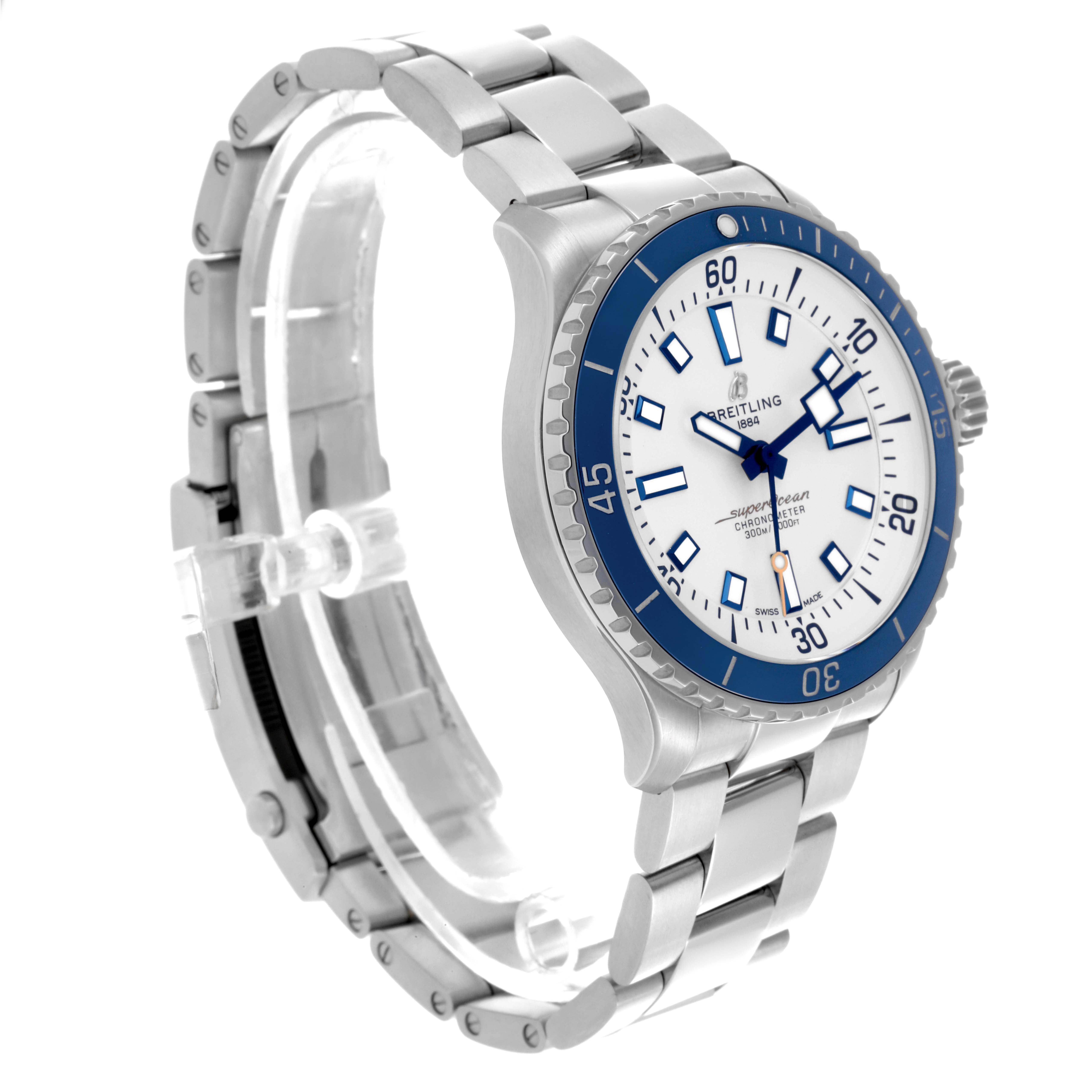 The Breitling Superocean A17375 Men's Stainless Steel White Dial A17375 Men's Stainless Steel White Dial watch is shown at a side angle, displaying the face, bezel, crown, and part of the bracelet.