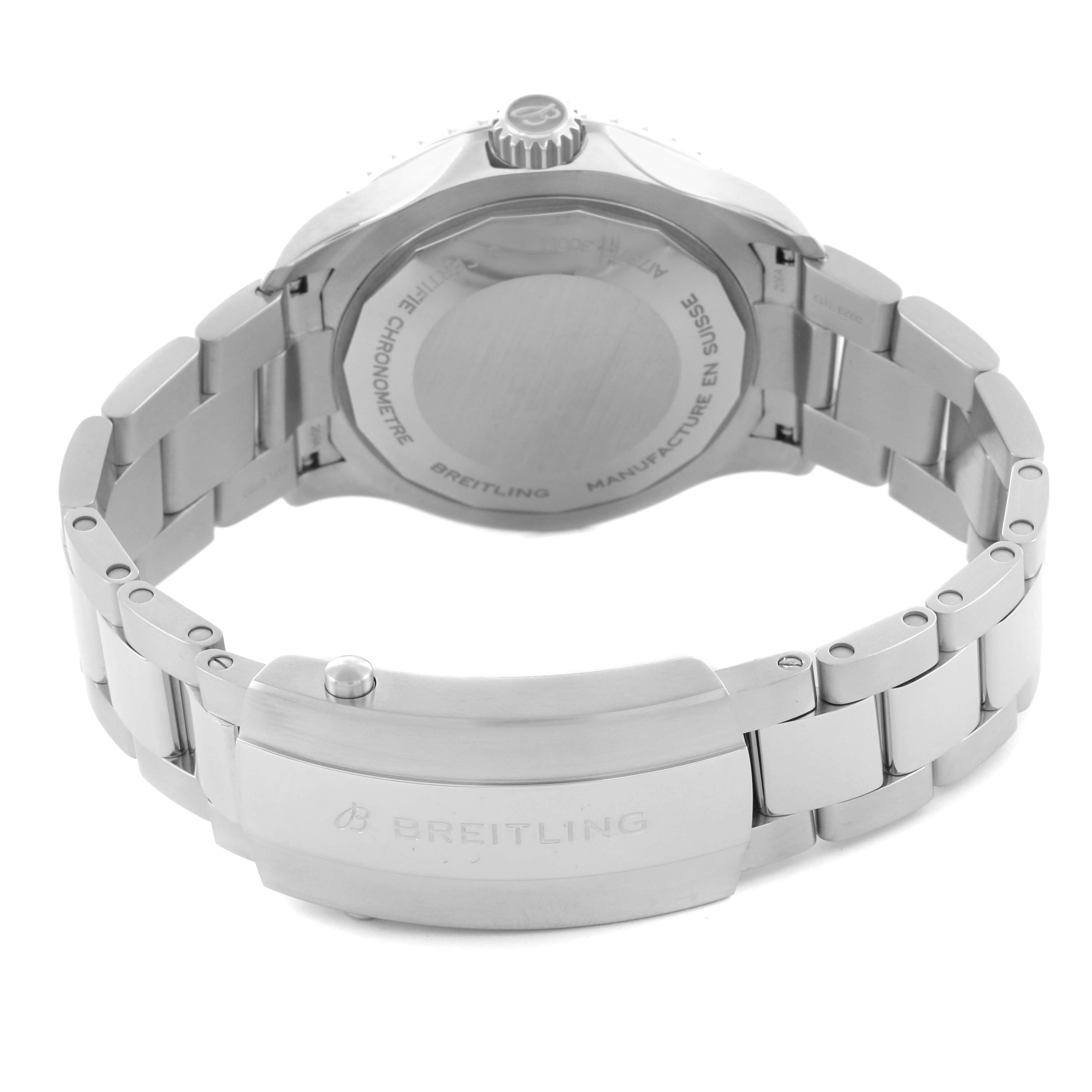 The Breitling Superocean A17375 Men's Stainless Steel White Dial A17375 Men's Stainless Steel White Dial watch is shown from the back, highlighting the clasp and bracelet.