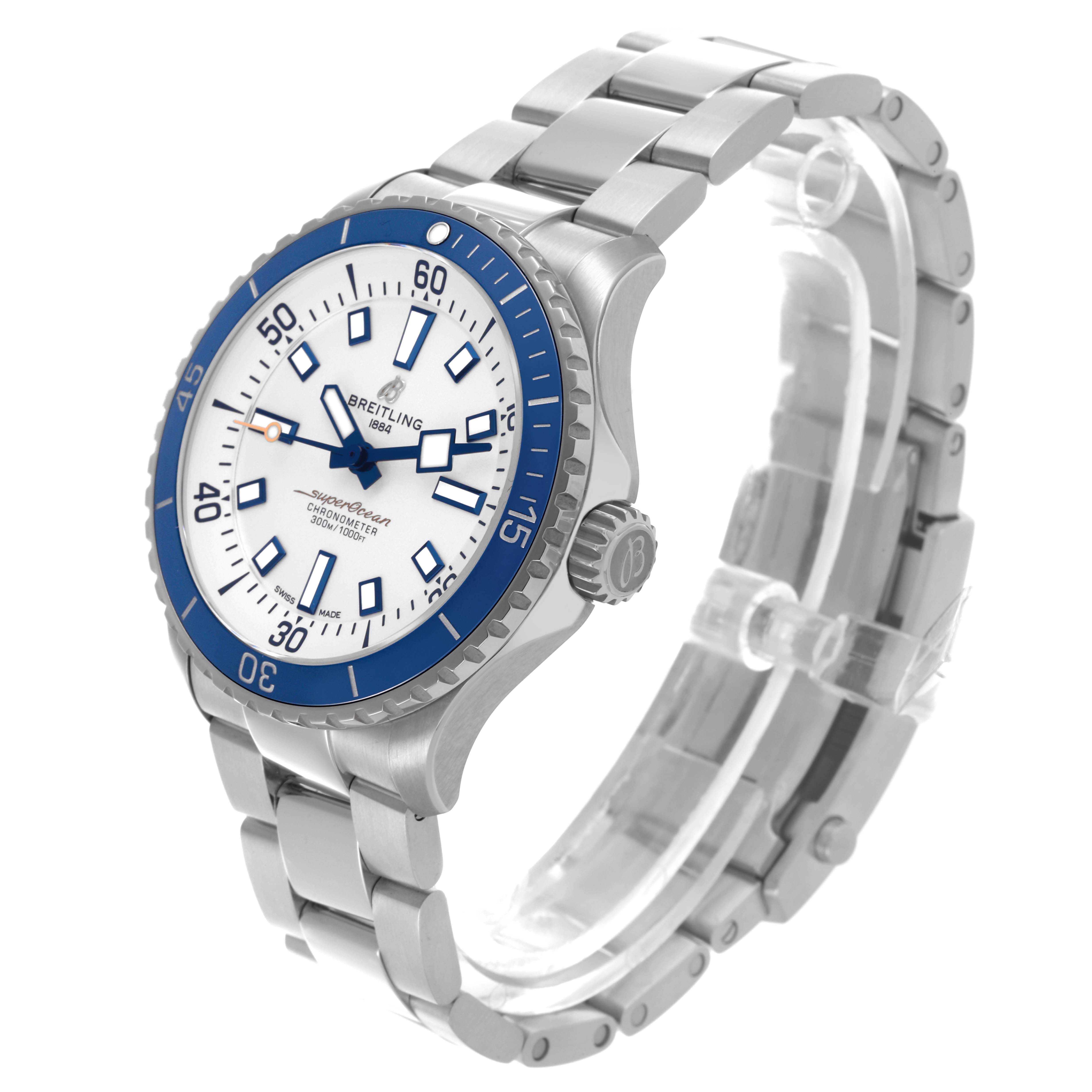 The Breitling Superocean A17375 Men's Stainless Steel White Dial A17375 Men's Stainless Steel White Dial watch is shown from a three-quarter angle, highlighting the face, bezel, crown, and bracelet.