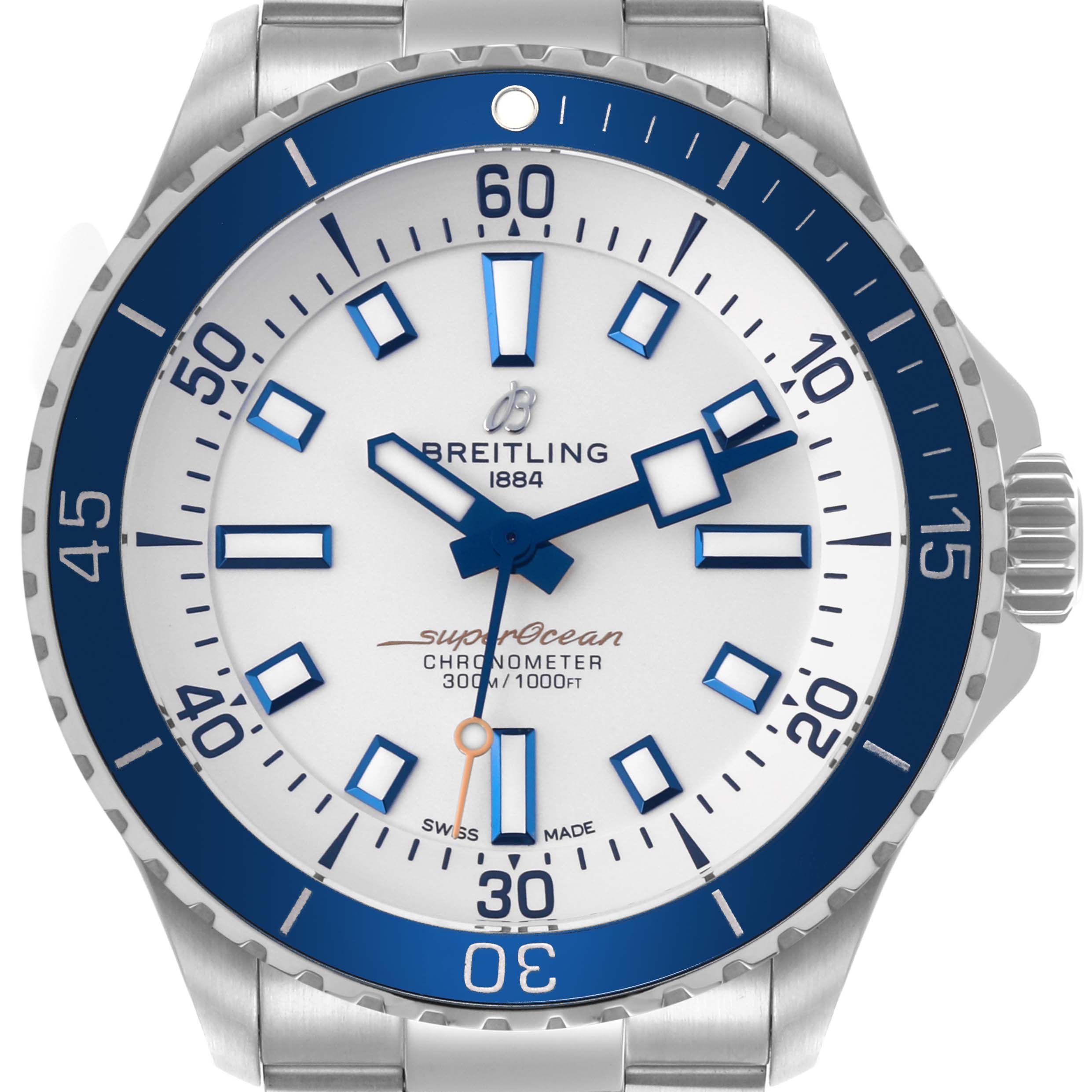 The Breitling Superocean A17375 Men's Stainless Steel White Dial A17375 Men's Stainless Steel White Dial watch is shown from the front, displaying its bezel, dial, hands, and indices.
