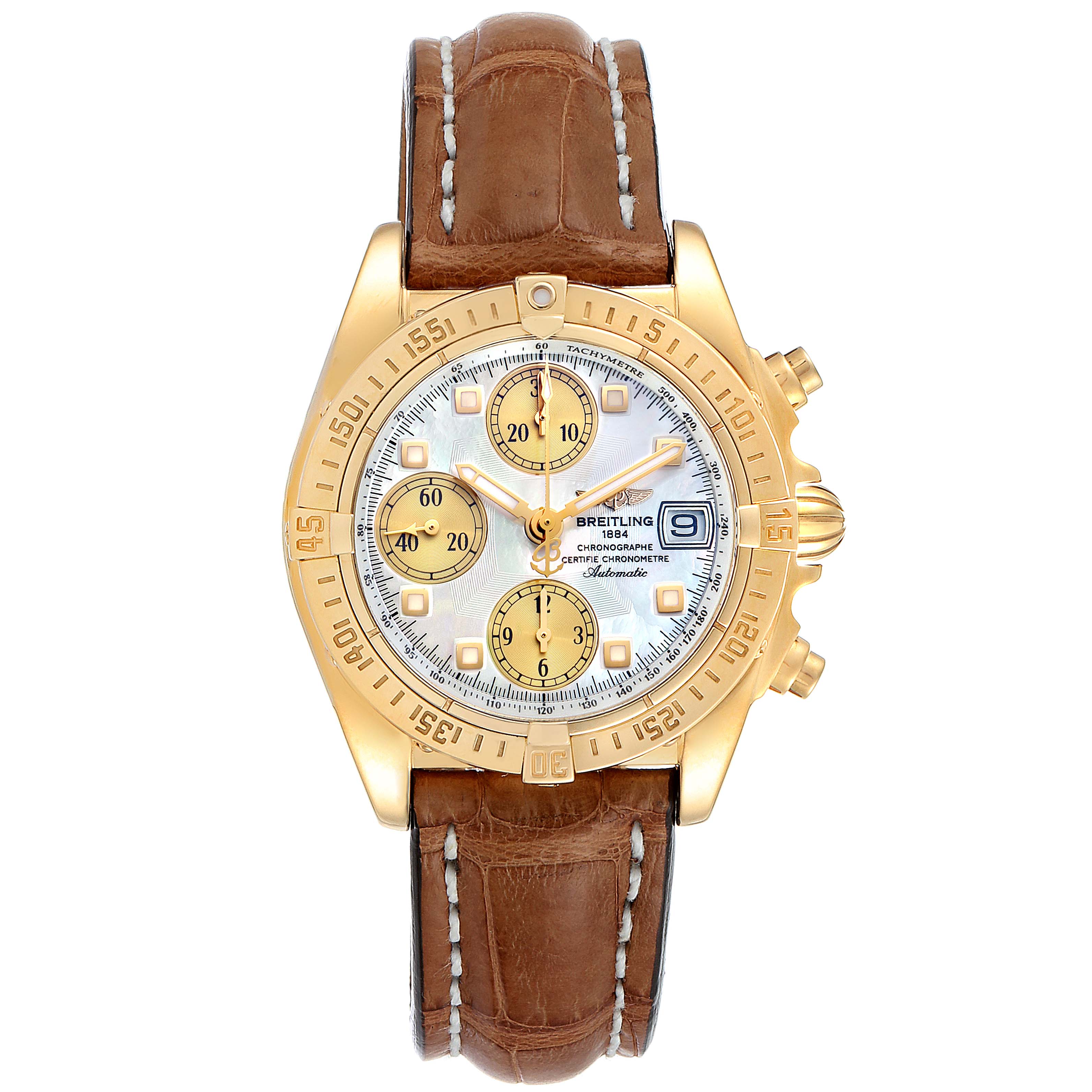 The image shows a front view of a Breitling Chronomat K13358 Men's Yellow Gold Mother of Pearl Dial K13358 Men's Yellow Gold Mother of Pearl Dial watch, highlighting its face, gold bezel, brown leather strap, and side buttons.