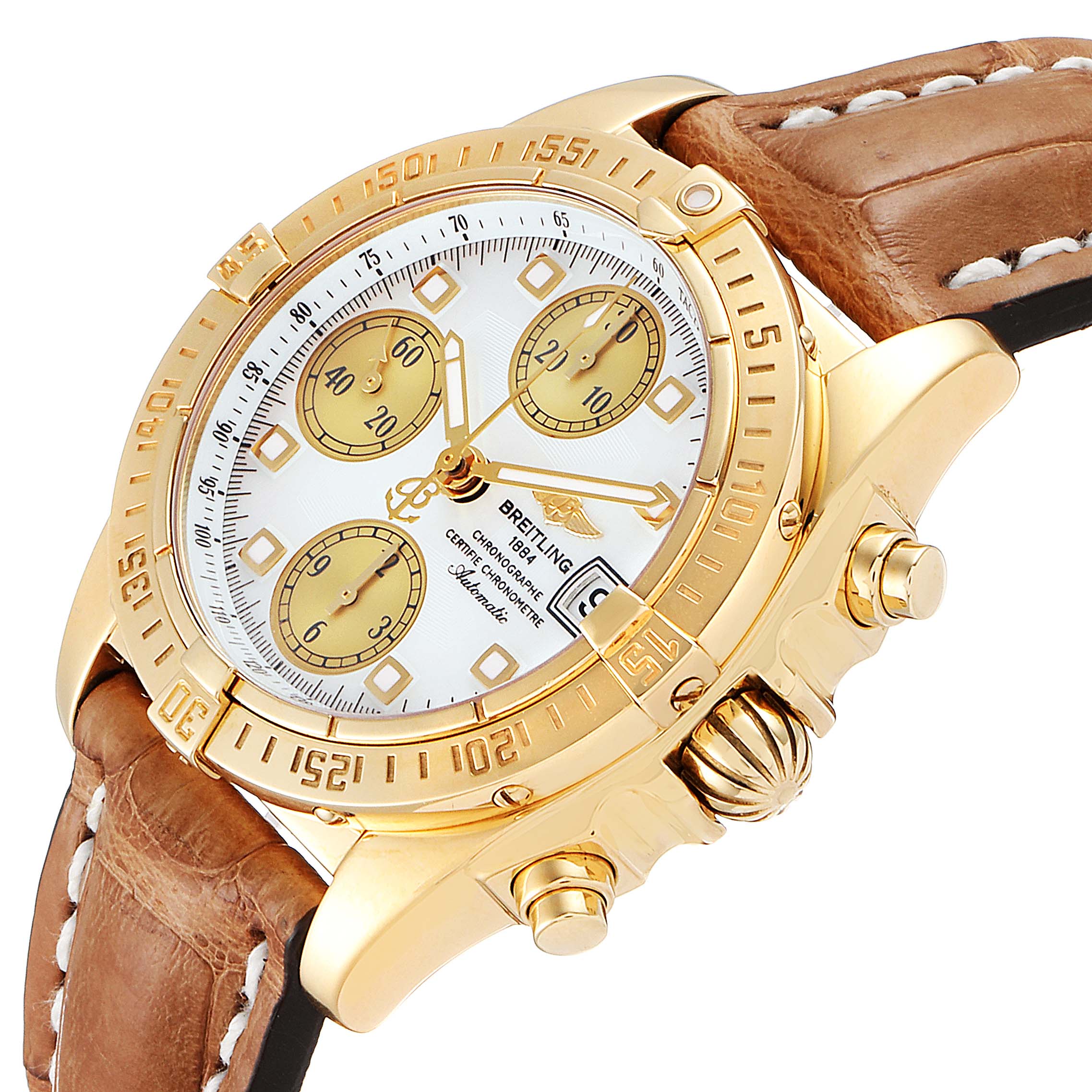 This image shows a close-up angle of the Breitling Chronomat K13358 Men's Yellow Gold Mother of Pearl Dial K13358 Men's Yellow Gold Mother of Pearl Dial watch, highlighting its gold case, brown leather strap, and chronograph functions.