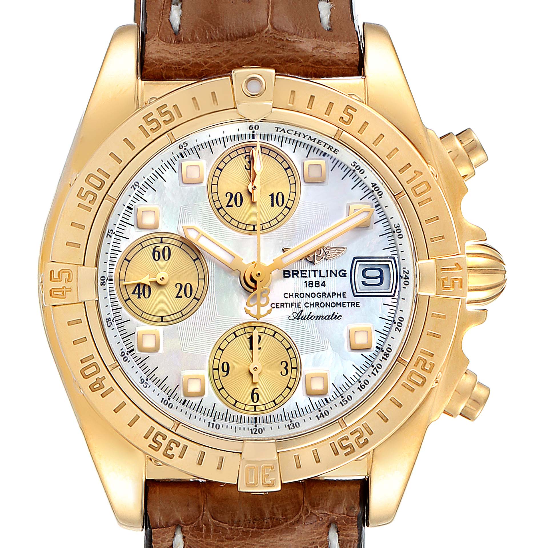 The image shows a frontal view of a Breitling Chronomat K13358 Men's Yellow Gold Mother of Pearl Dial K13358 Men's Yellow Gold Mother of Pearl Dial watch, detailing its gold casing, chronograph subdials, and tachymeter.