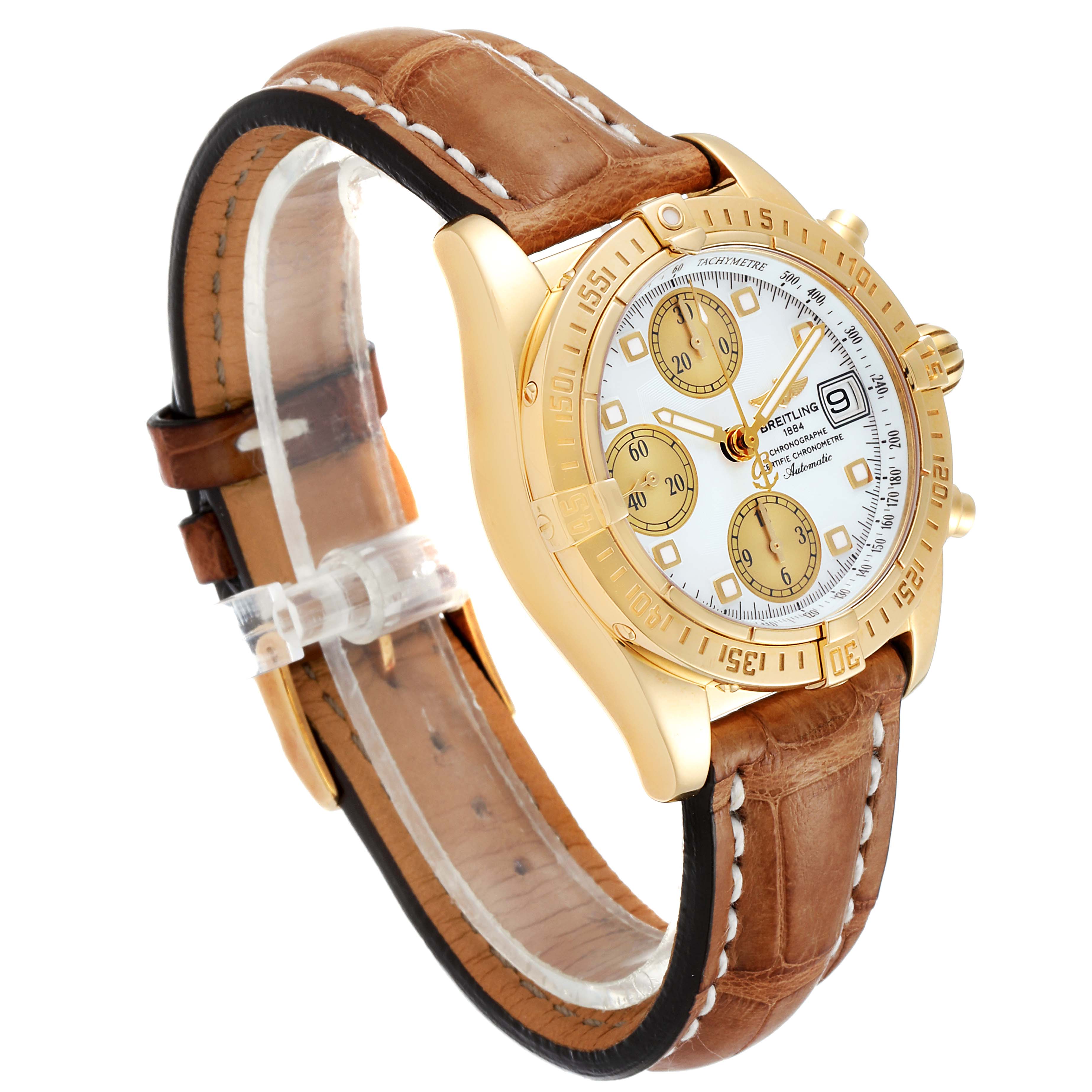 The image shows a Breitling Chronomat K13358 Men's Yellow Gold Mother of Pearl Dial K13358 Men's Yellow Gold Mother of Pearl Dial watch angled to display its face, bezel, and brown leather strap.