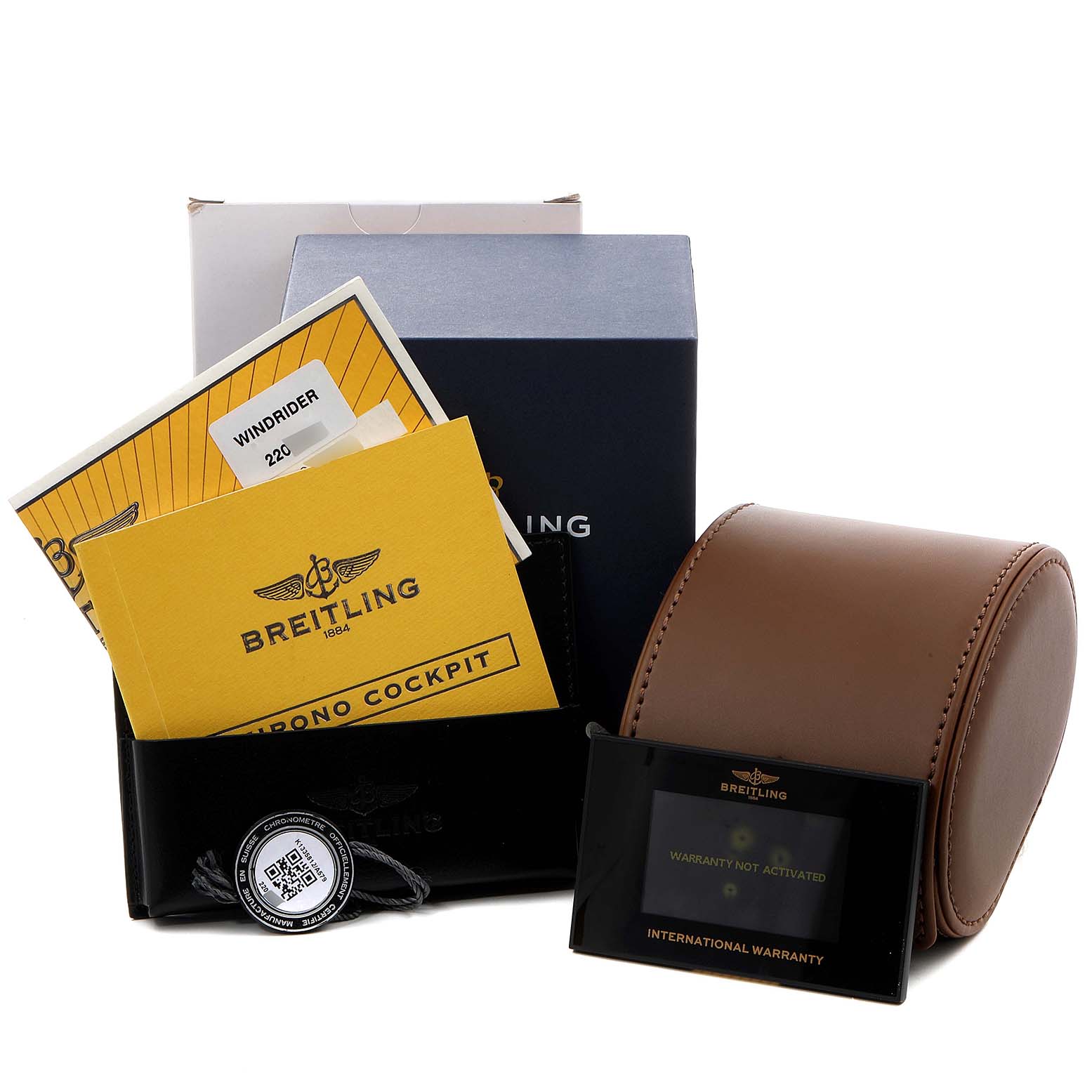 The image shows a Breitling Chronomat K13358 Men's Yellow Gold Mother of Pearl Dial K13358 Men's Yellow Gold Mother of Pearl Dial watch set with warranty cards, a leather watch case, booklets, and packaging from various angles.