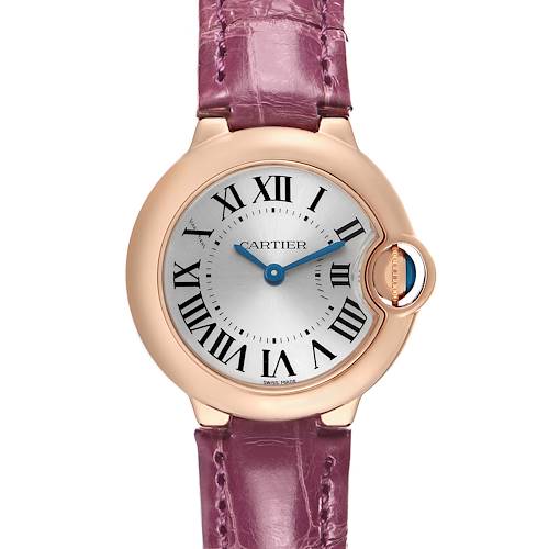 The Cartier Ballon Bleu W6900256 Women's Rose Gold Silver Dial watch is shown from a top view, highlighting the dial, Roman numerals, and pink strap.