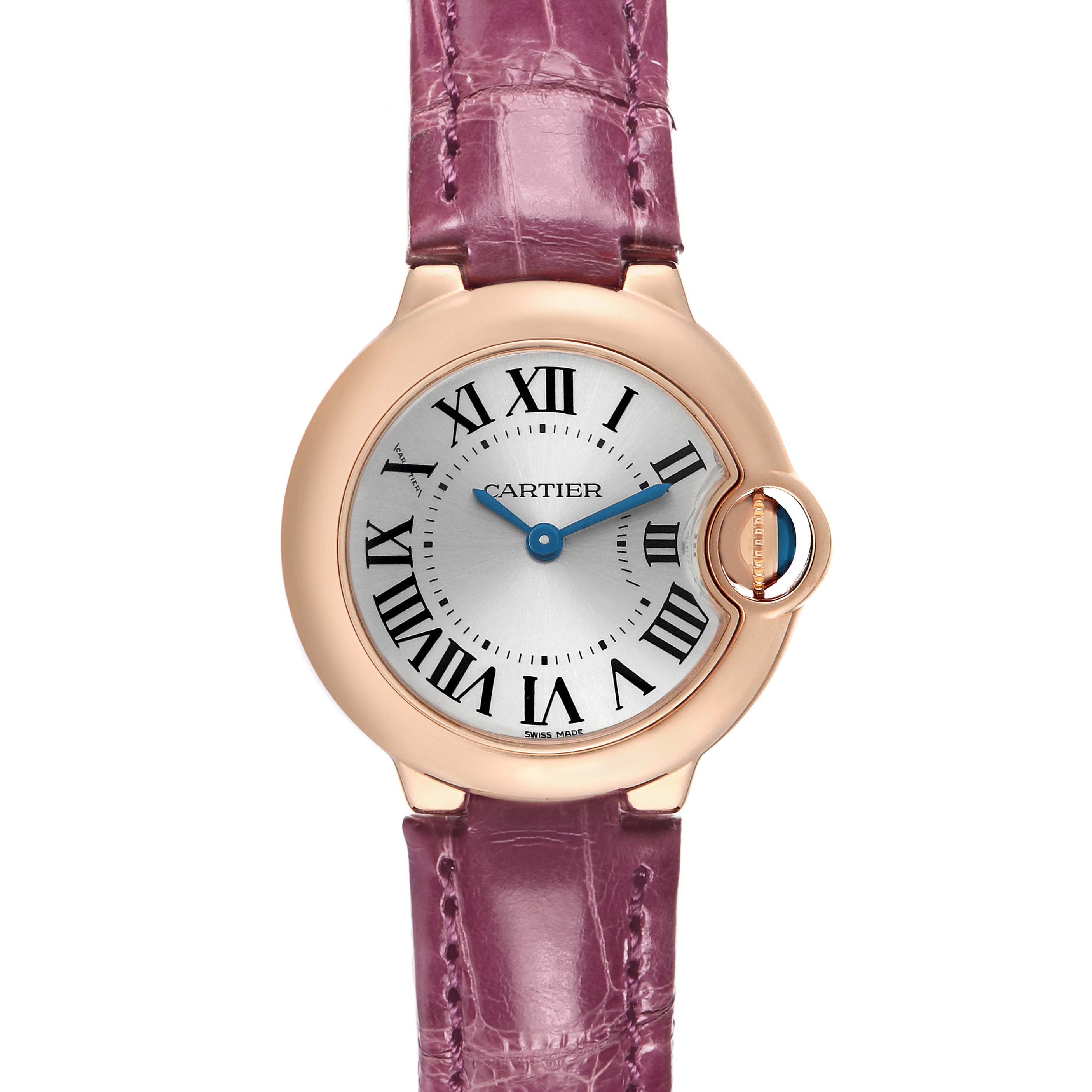 The Cartier Ballon Bleu W6900256 Women's Rose Gold Silver Dial watch is shown from a front angle, highlighting its round case, Roman numeral dial, and purple leather strap.