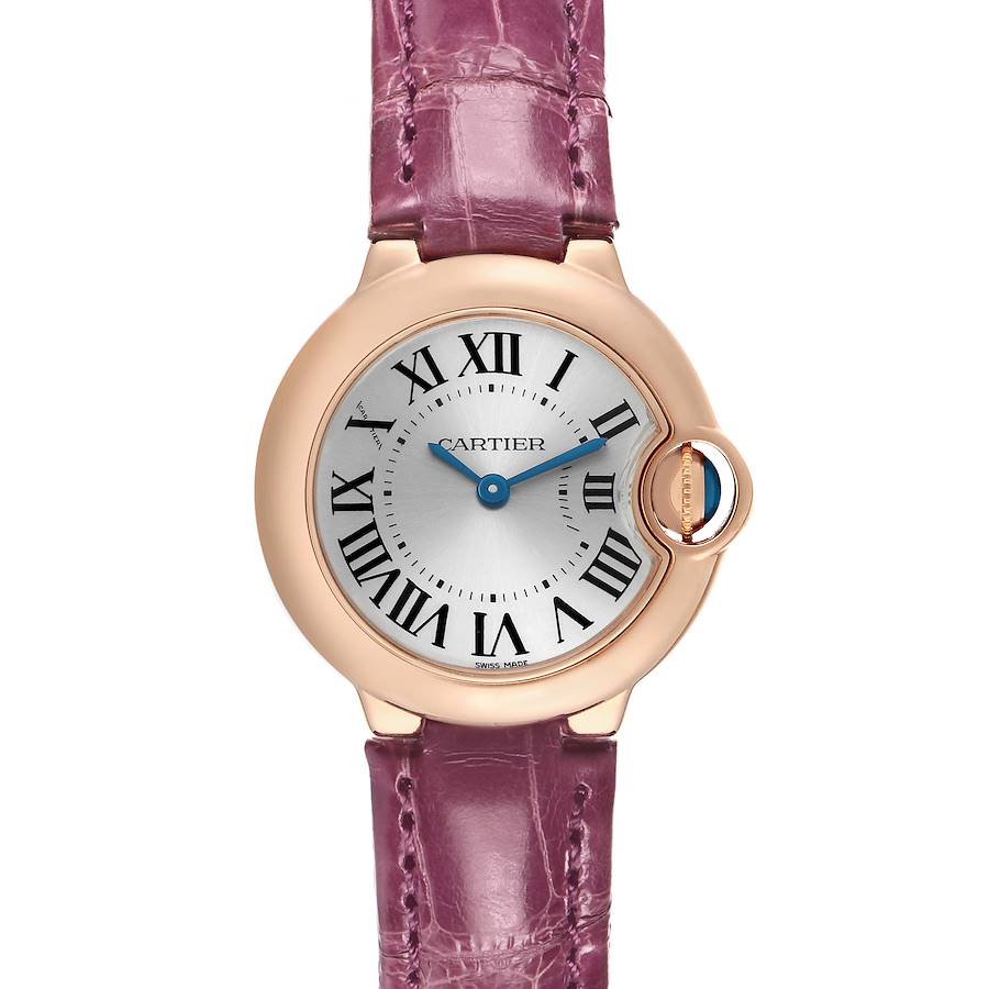 The Cartier Ballon Bleu W6900256 Women's Rose Gold Silver Dial watch is shown from a front angle, highlighting its round case, Roman numeral dial, and purple leather strap.