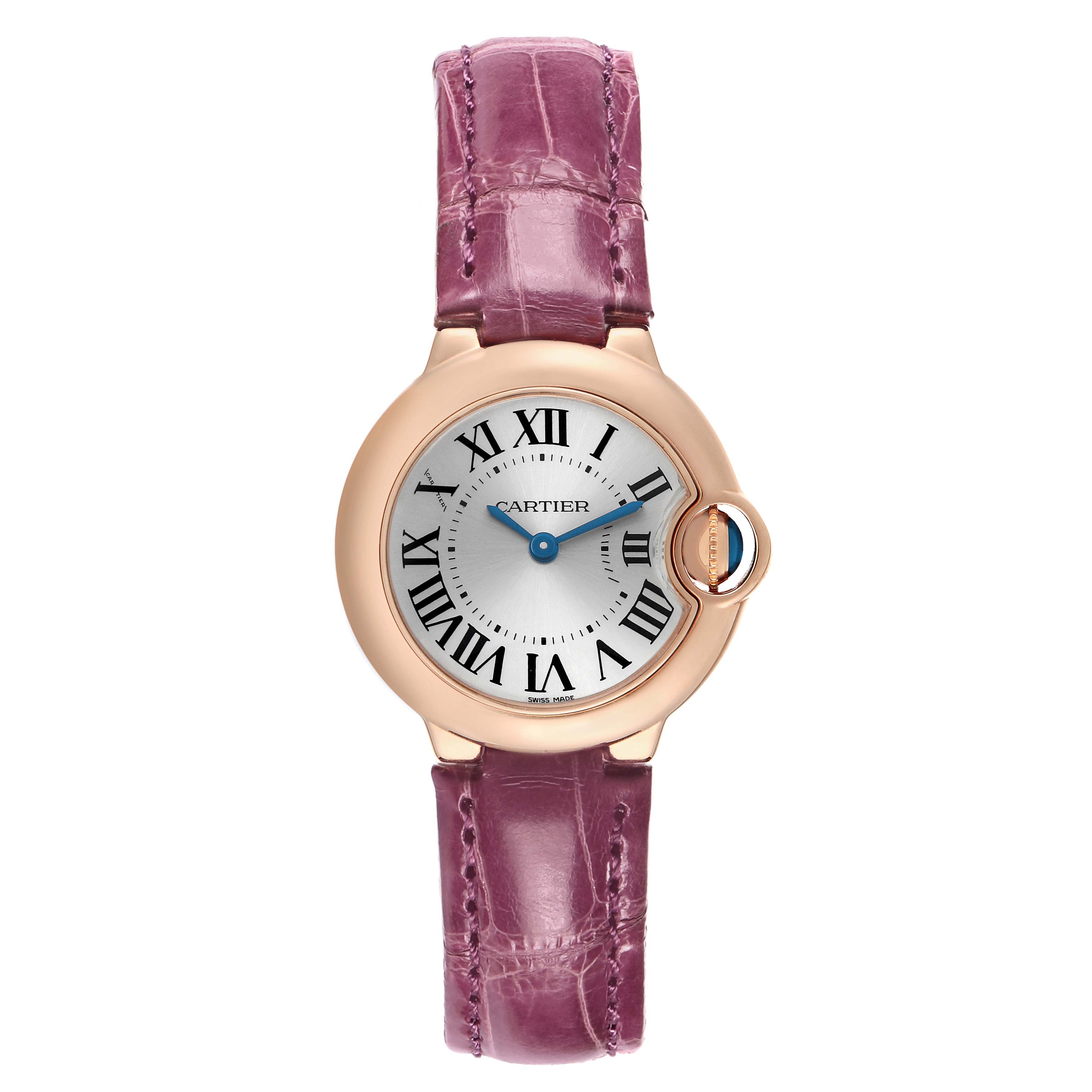 The Cartier Ballon Bleu W6900256 Women's Rose Gold Silver Dial watch is shown from the front, highlighting its pink leather strap and round dial with Roman numerals.