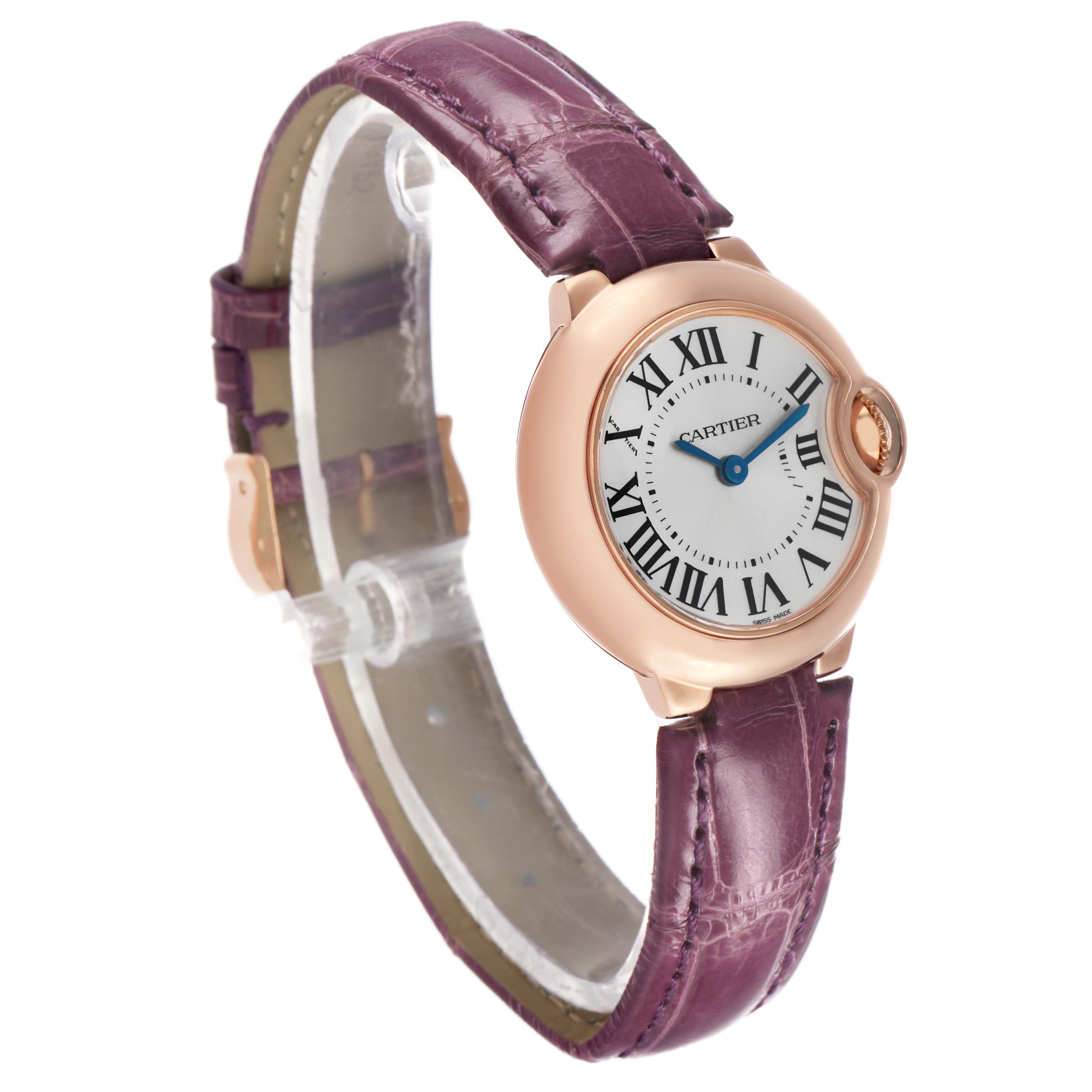 The Cartier Ballon Bleu W6900256 Women's Rose Gold Silver Dial watch is shown at a three-quarter angle, displaying its round face and purple leather strap.