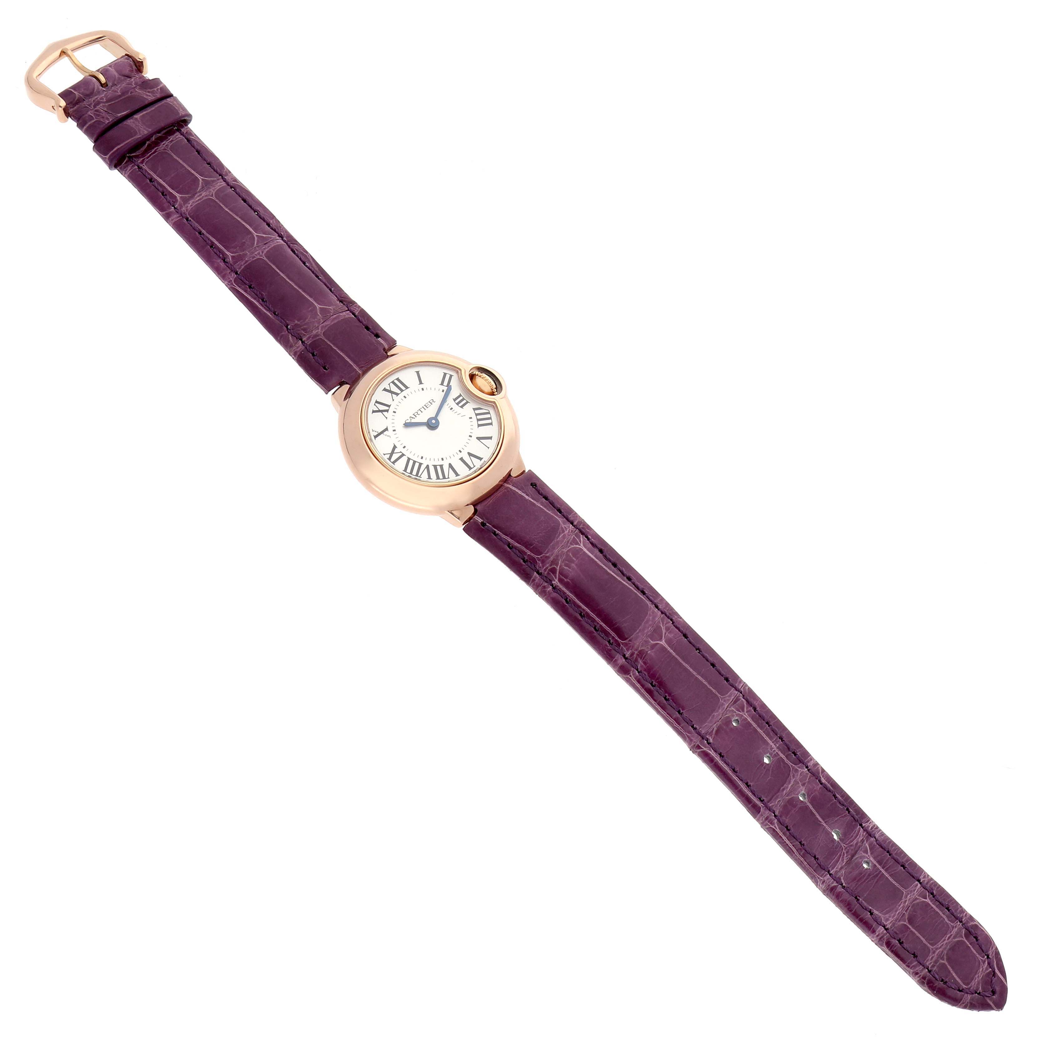 The Cartier Ballon Bleu W6900256 Women's Rose Gold Silver Dial watch is shown at a slight angled view, displaying the full face, case, and purple leather strap.