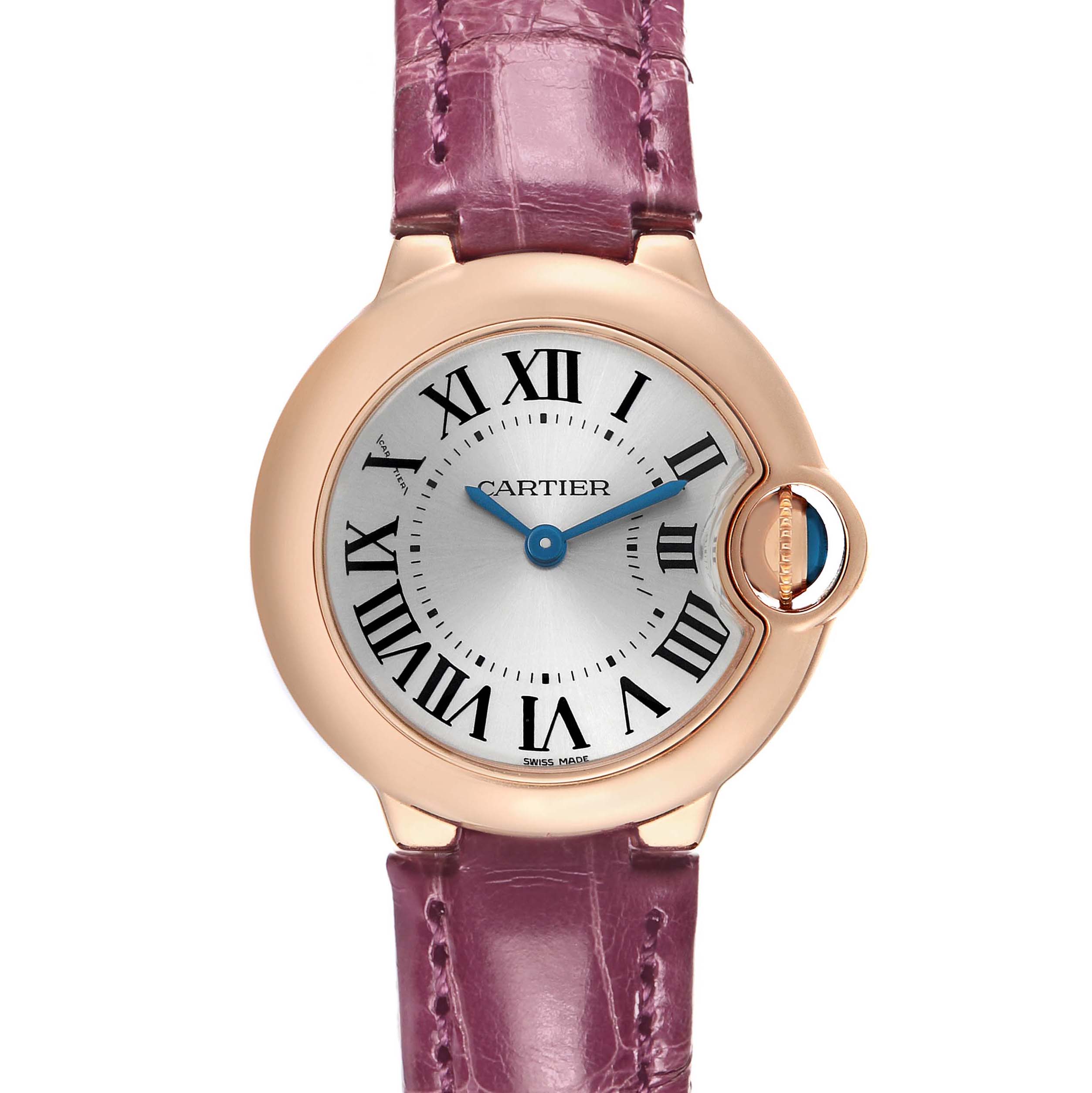 The Cartier Ballon Bleu W6900256 Women's Rose Gold Silver Dial watch is shown from a front angle, highlighting its round face, Roman numerals, crown, and pink leather strap.