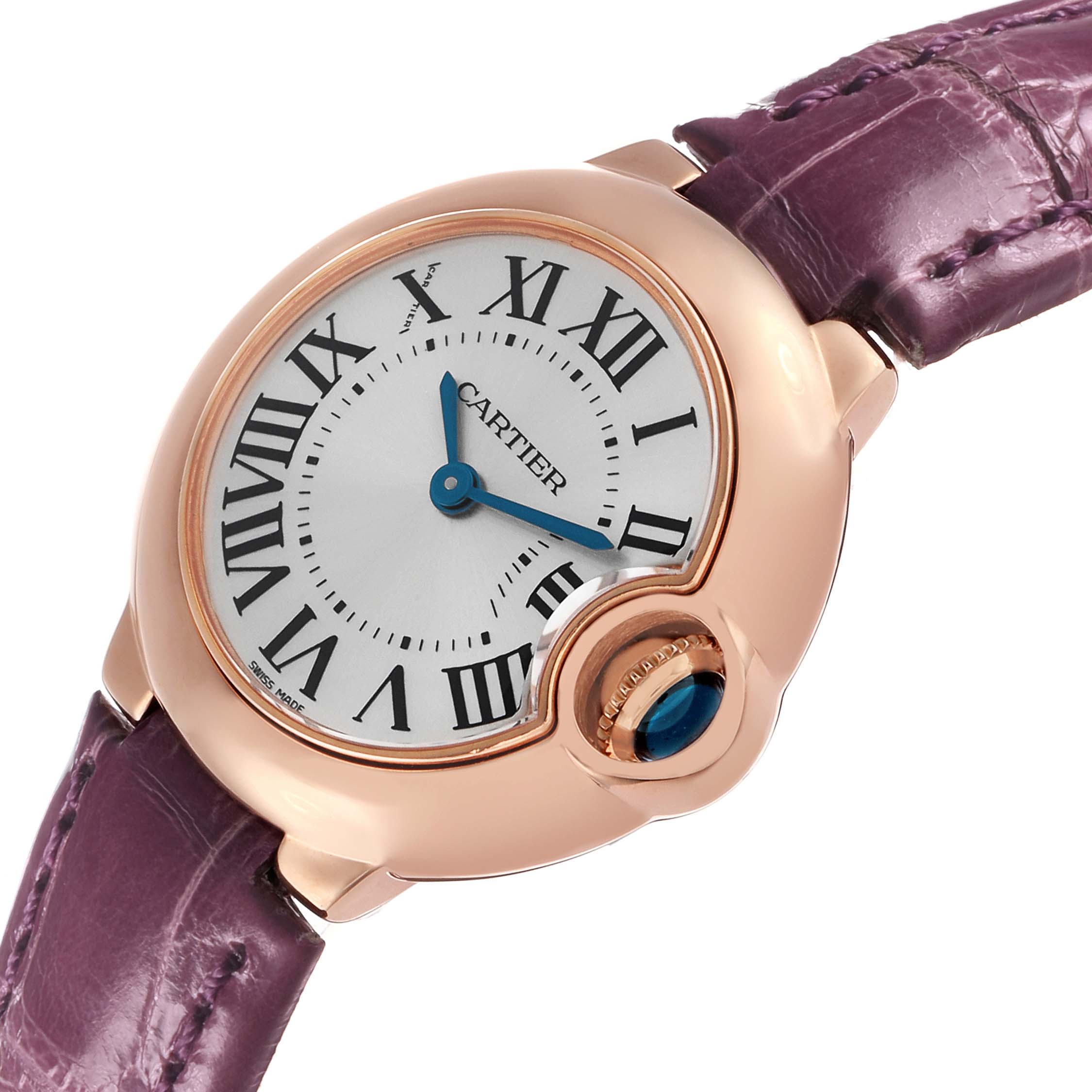 The Cartier Ballon Bleu W6900256 Women's Rose Gold Silver Dial watch is shown at a slight angle, highlighting its case, dial, Roman numerals, and purple strap.