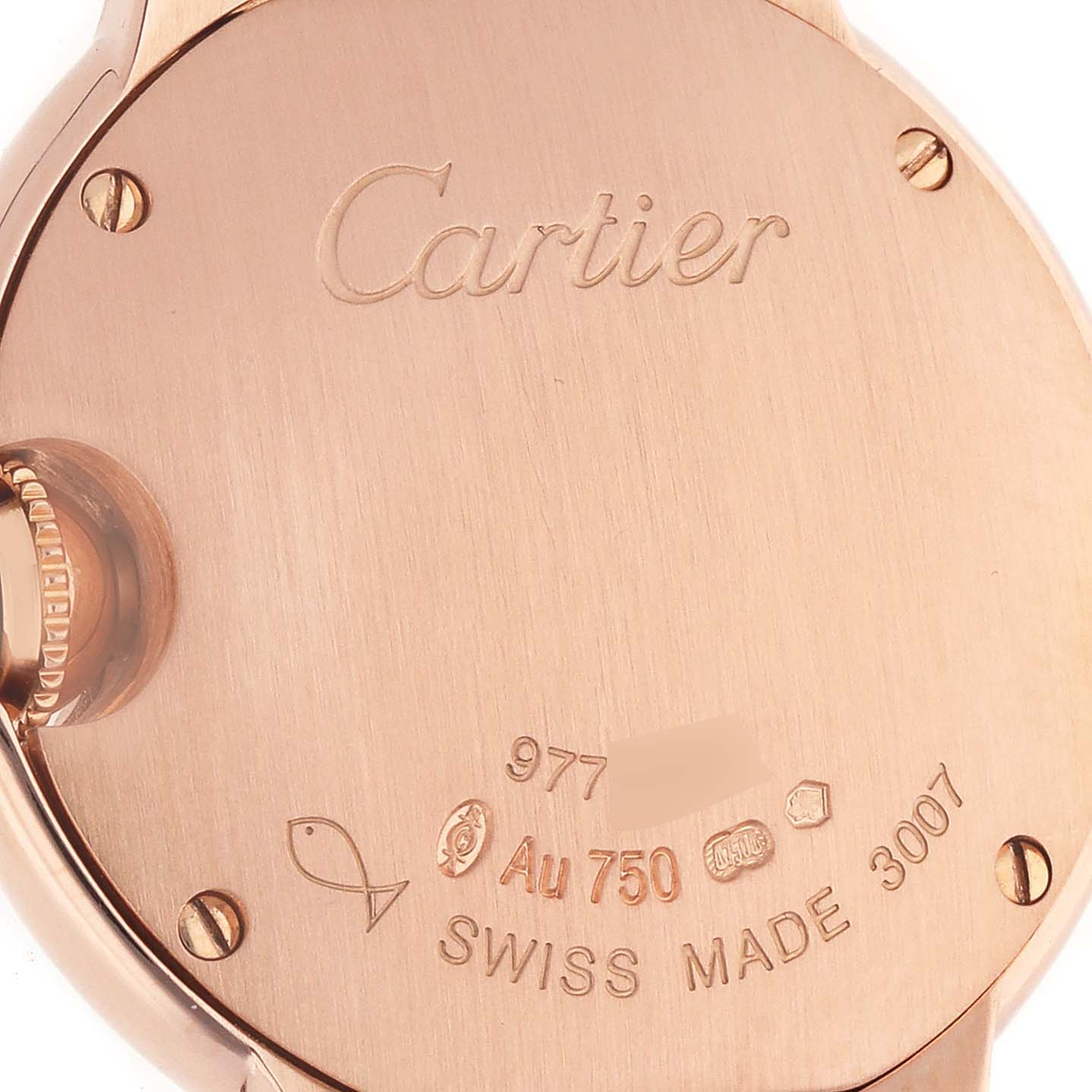 The image shows the engraved backside of a Cartier Ballon Bleu W6900256 Women's Rose Gold Silver Dial watch with brand markings and hallmarks.
