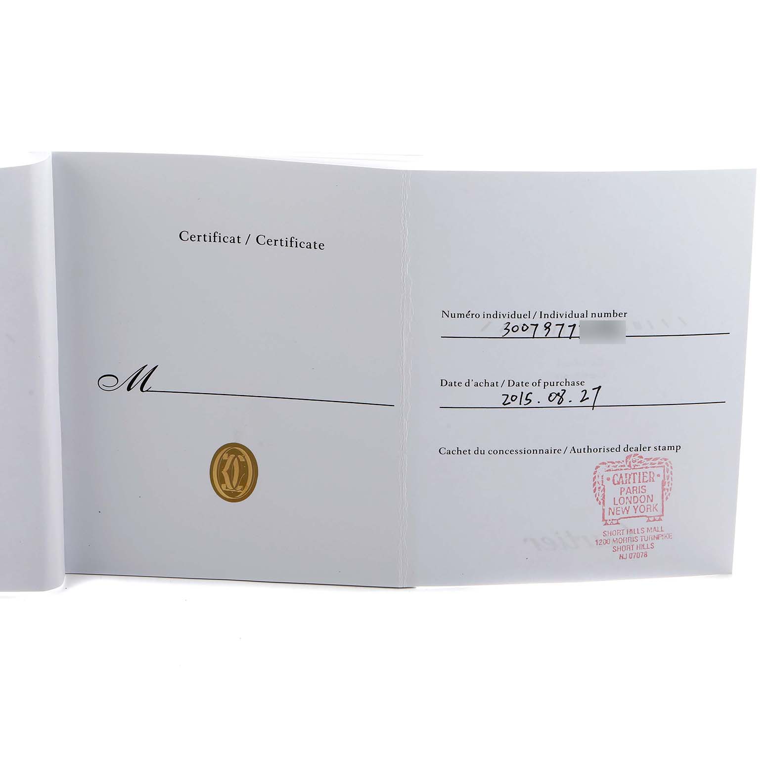 The image shows the certificate booklet for the Cartier Ballon Bleu W6900256 Women's Rose Gold Silver Dial watch, displaying purchase details and dealer stamp.