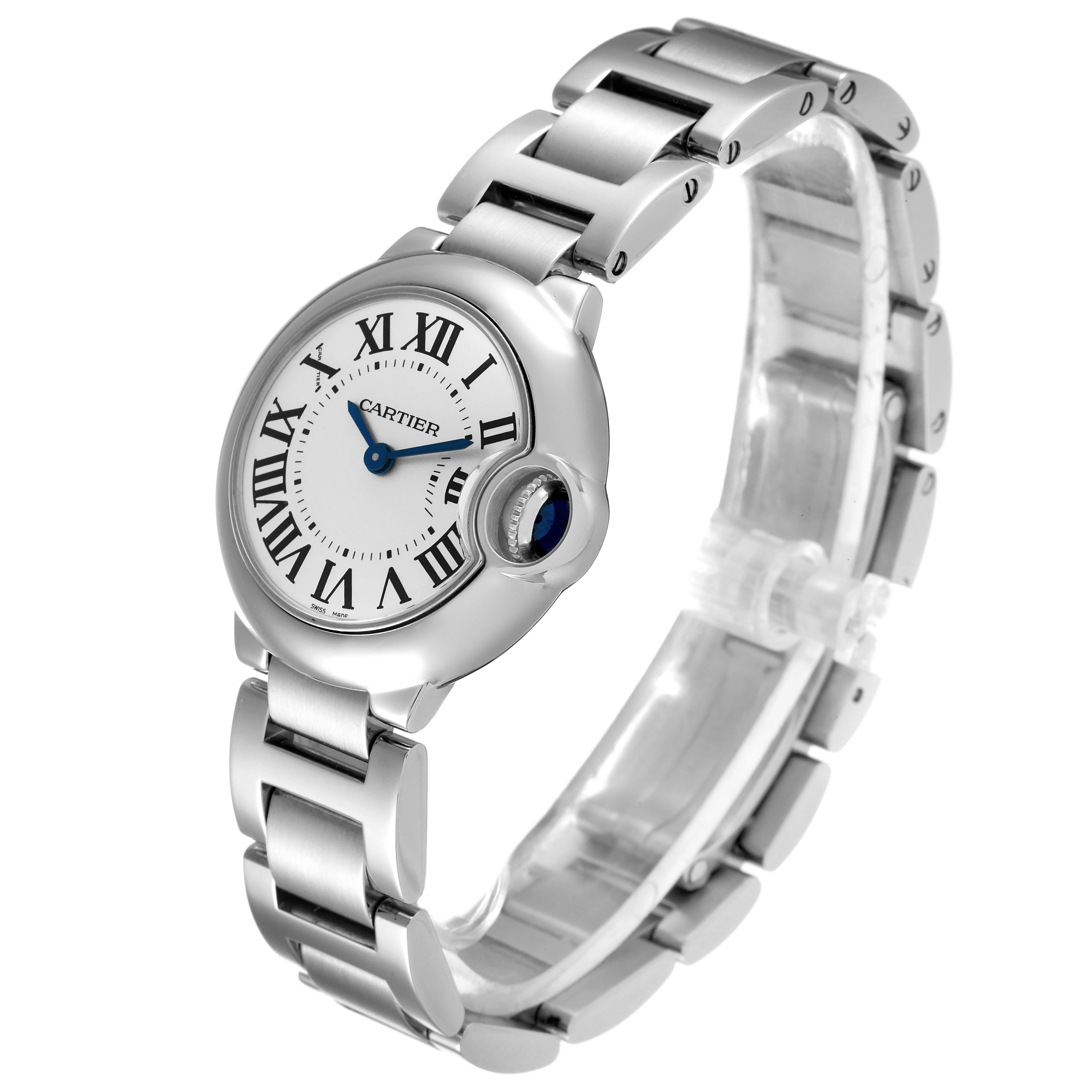 The image shows a Cartier Ballon Bleu W69010Z4 Women
s Stainless Steel Silver Dial W69010Z4 Women
s Stainless Steel Silver Dial watch from a front angle, highlighting the face, bracelet, and crown.