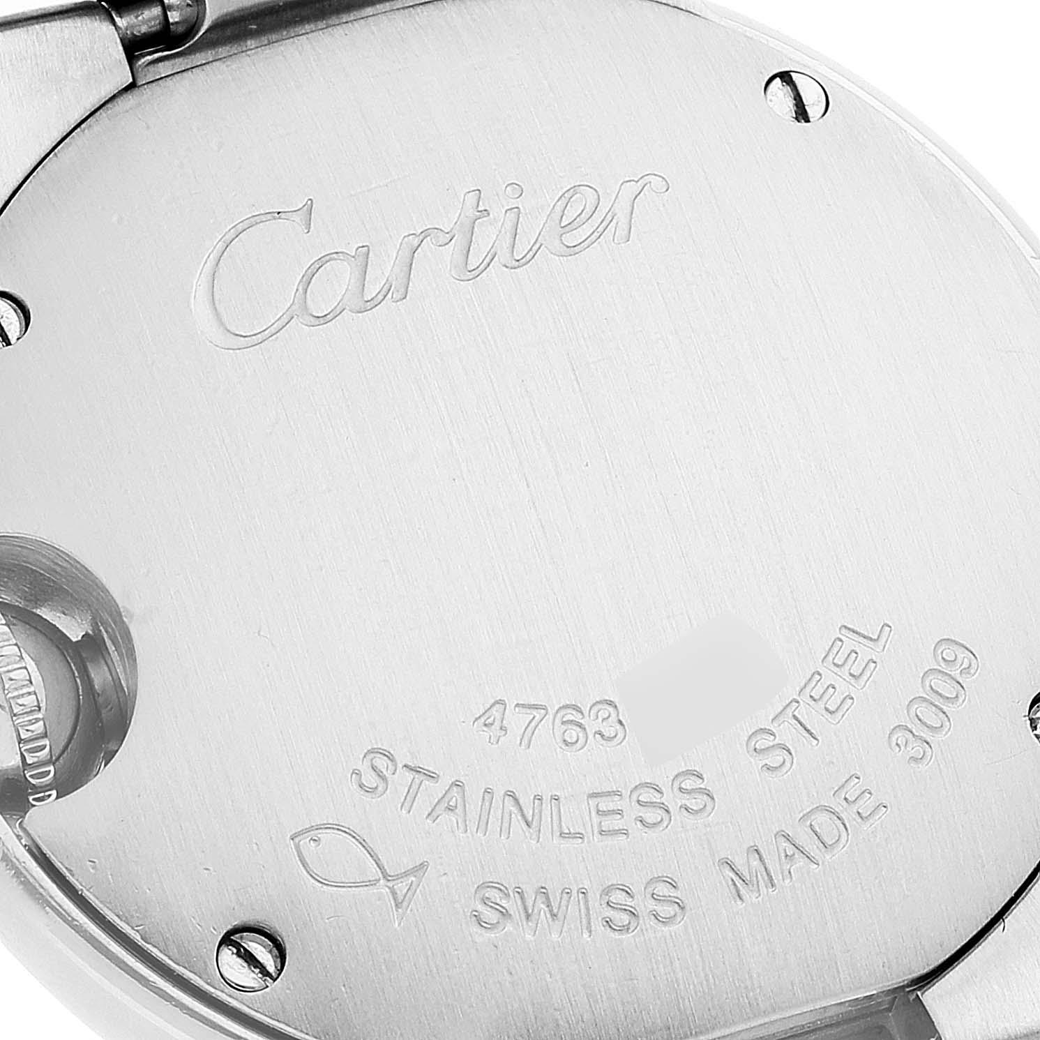 The image shows the back case of a Cartier Ballon Bleu W69010Z4 Women
s Stainless Steel Silver Dial W69010Z4 Women
s Stainless Steel Silver Dial watch, highlighting the brand engraving and material information.